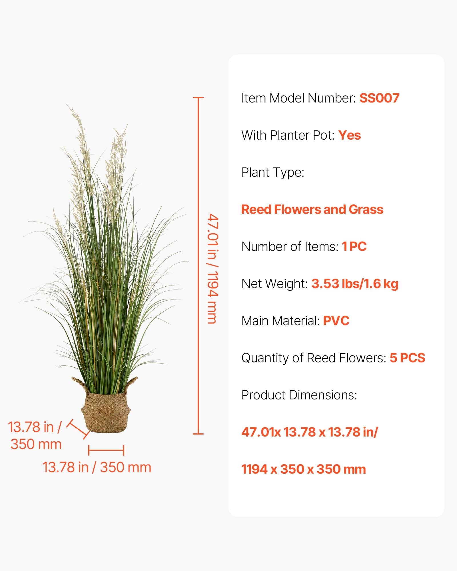 Title: 47" Artificial Reed Flower Grass in Pot - Premium PVC Faux Greenery for Indoor/Outdoor Decor, Home, Office, Garden, Housewarming Gift