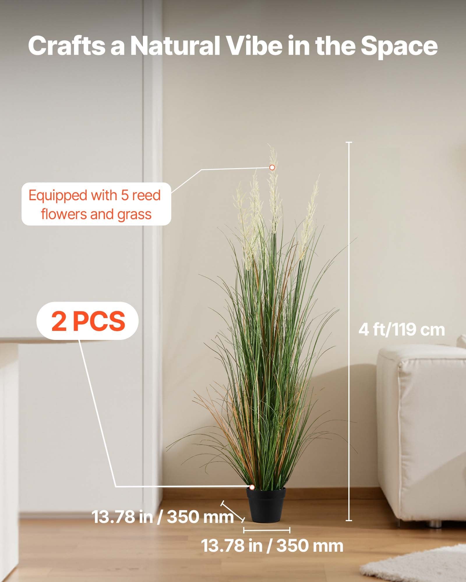 2 Pack 47" Artificial Reed Flower Grass with Pot - Premium PVC Faux Greenery for Indoor/Outdoor Home, Garden, Office Décor