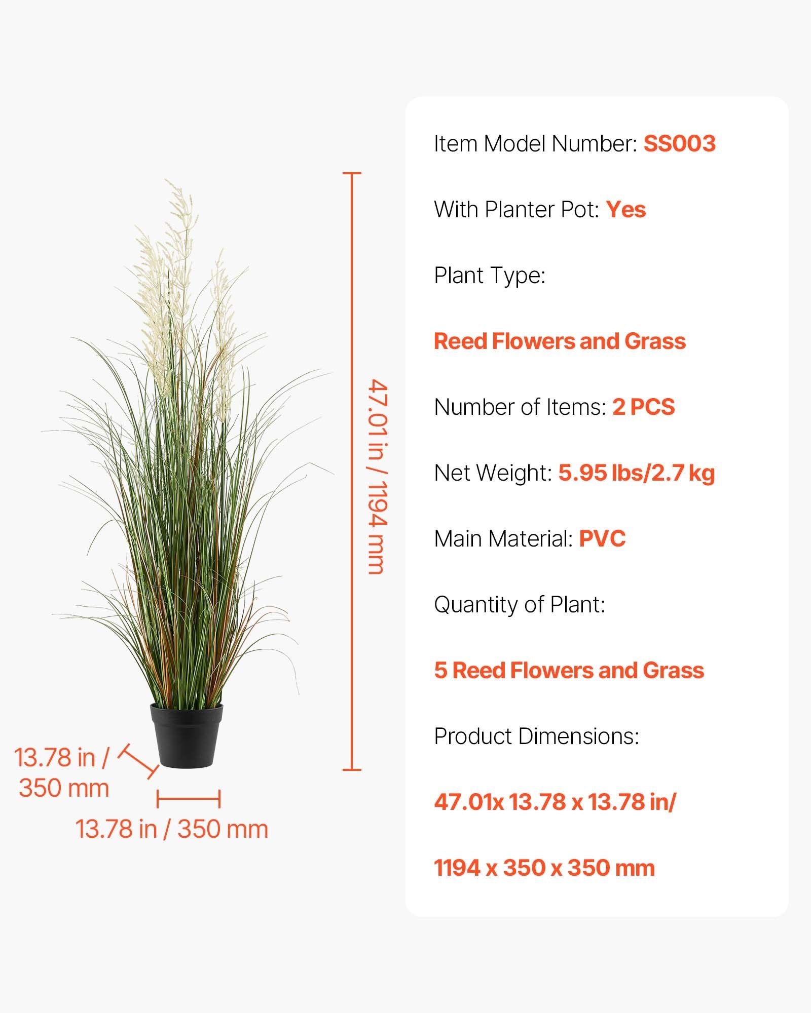 2 Pack 47" Artificial Reed Flower Grass with Pot - Premium PVC Faux Greenery for Indoor/Outdoor Home, Garden, Office Décor