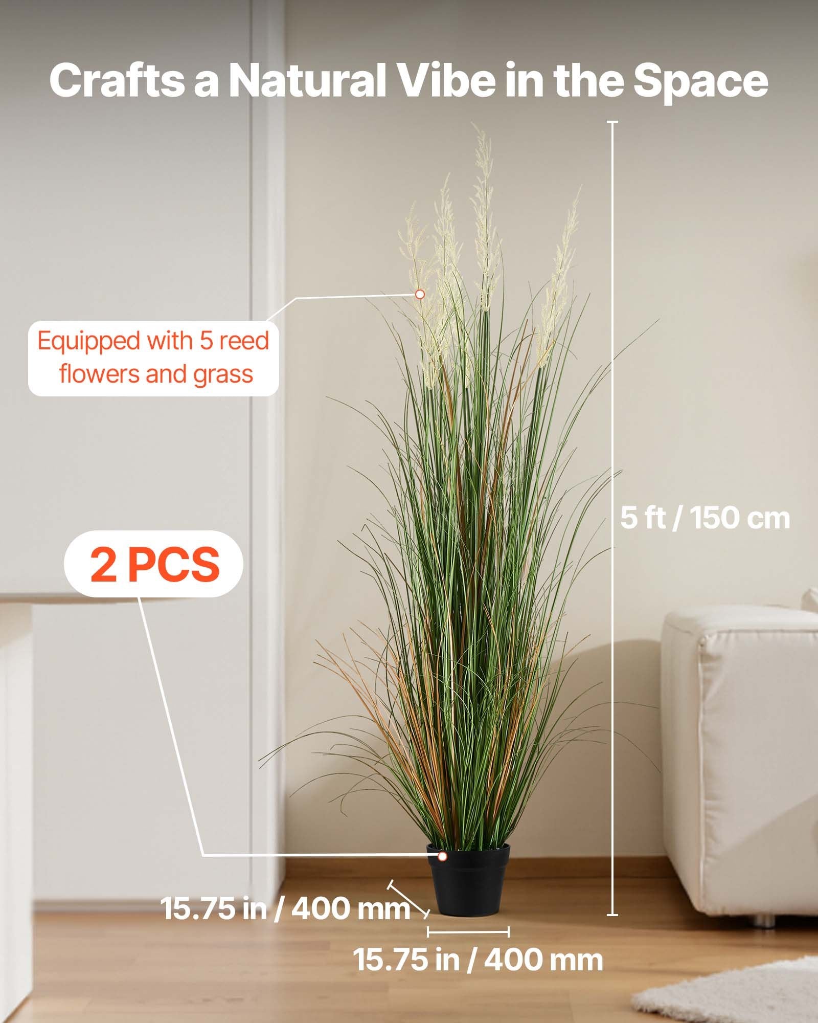 Artificial Grass Plant Set, 2 Pack 59" Faux Reed Flower in Pot - Premium PVC Fake Greenery for Indoor Outdoor Décor, Home, Garden, Office, Housewarming