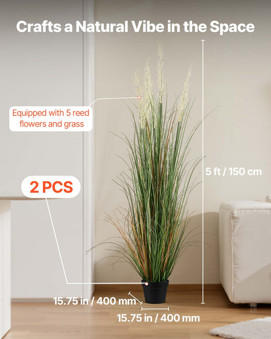 Artificial Grass Plant Set, 2 Pack 59" Faux Reed Flower in Pot - Premium PVC Fake Greenery for Indoor Outdoor Décor, Home, Garden, Office, Housewarming