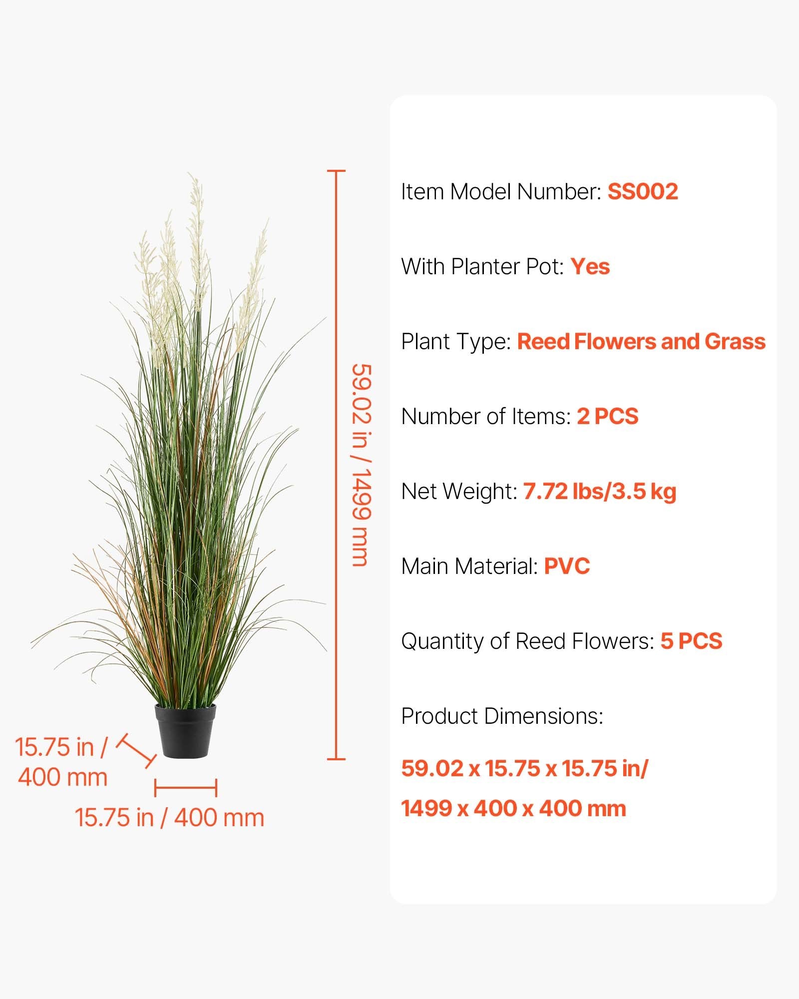 Artificial Grass Plant Set, 2 Pack 59" Faux Reed Flower in Pot - Premium PVC Fake Greenery for Indoor Outdoor Décor, Home, Garden, Office, Housewarming