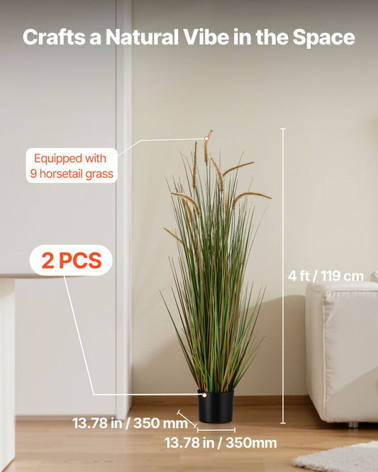 Set of 2 47-Inch Horsetail Reed Artificial Grass in Pots, Realistic PVC Faux Greenery for Indoor Outdoor Décor, Home Garden Office Use