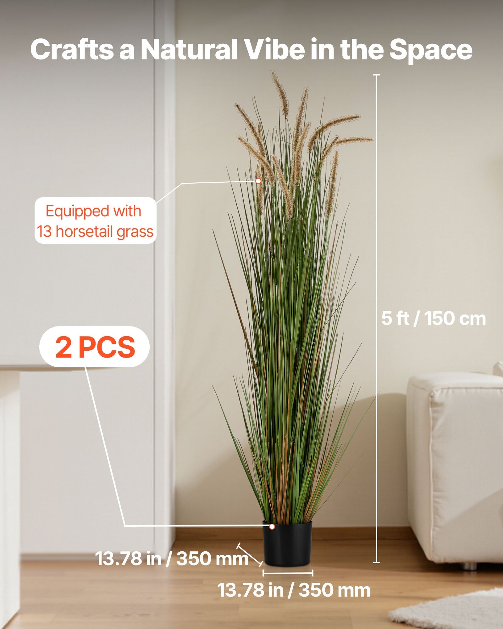 Artificial Horsetail Reed Grass, 2-Pack 59" Faux Greenery in Pot, Lifelike PVC Shrubs for Indoor Outdoor Decor, Home Office Garden Accent