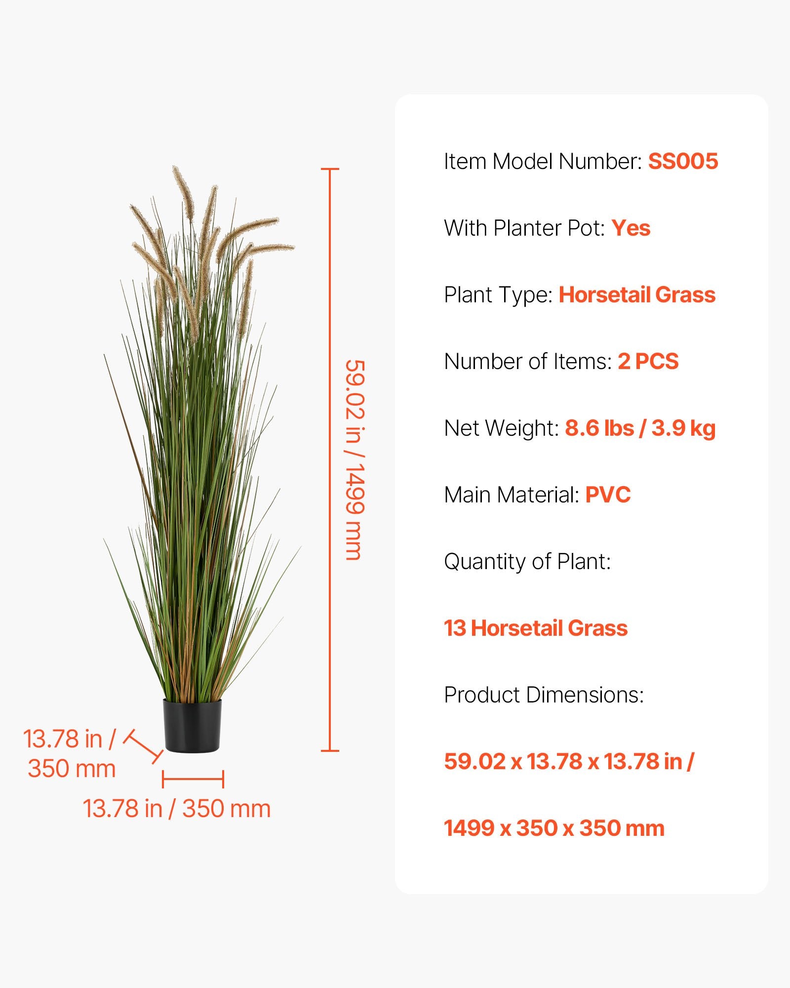 Artificial Horsetail Reed Grass, 2-Pack 59" Faux Greenery in Pot, Lifelike PVC Shrubs for Indoor Outdoor Decor, Home Office Garden Accent