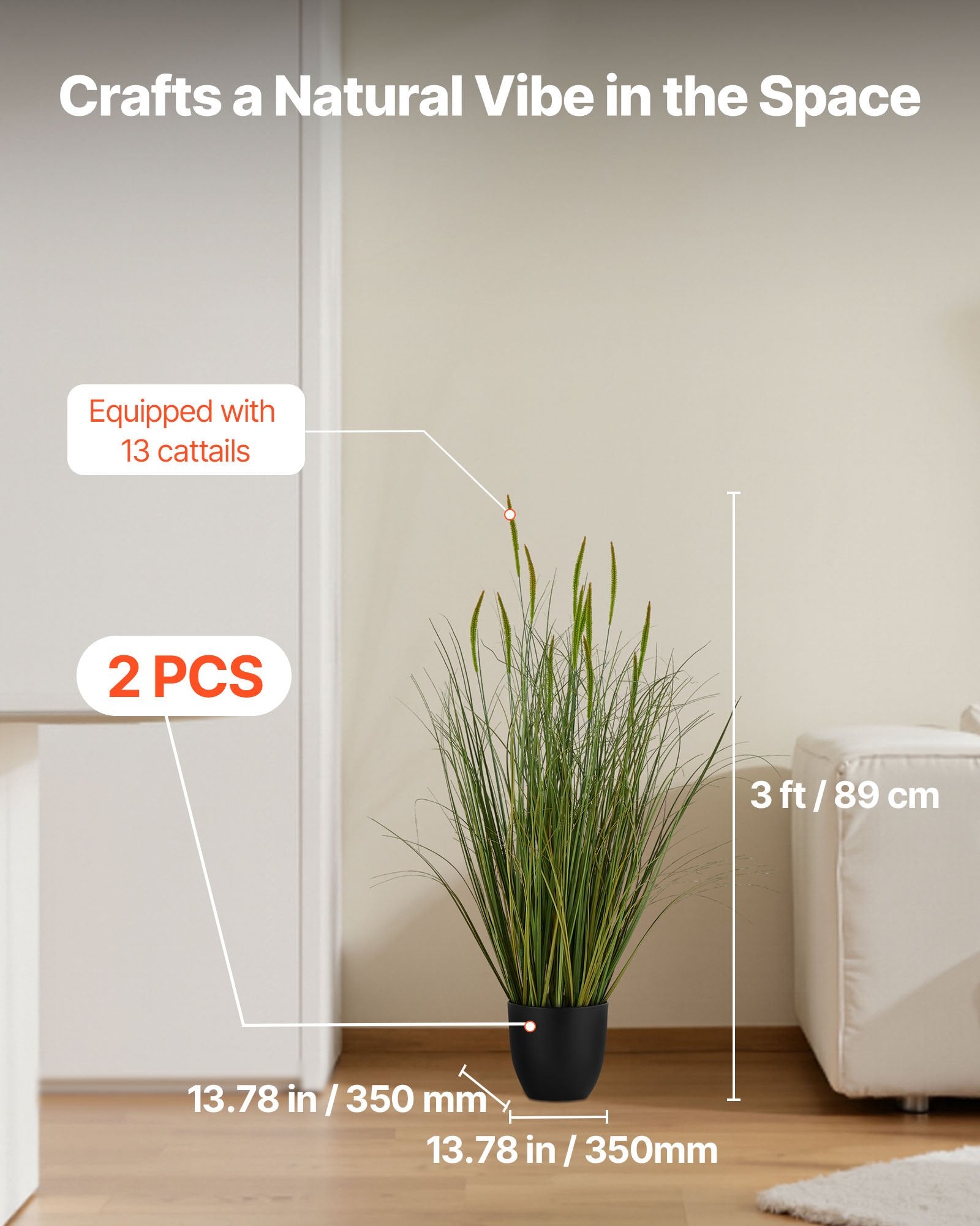 Set of 2 35-Inch Faux Cattail Grass Plants in Pots, Premium PVC Indoor Outdoor Greenery for Home, Office, Garden Decor & Housewarming Gifts