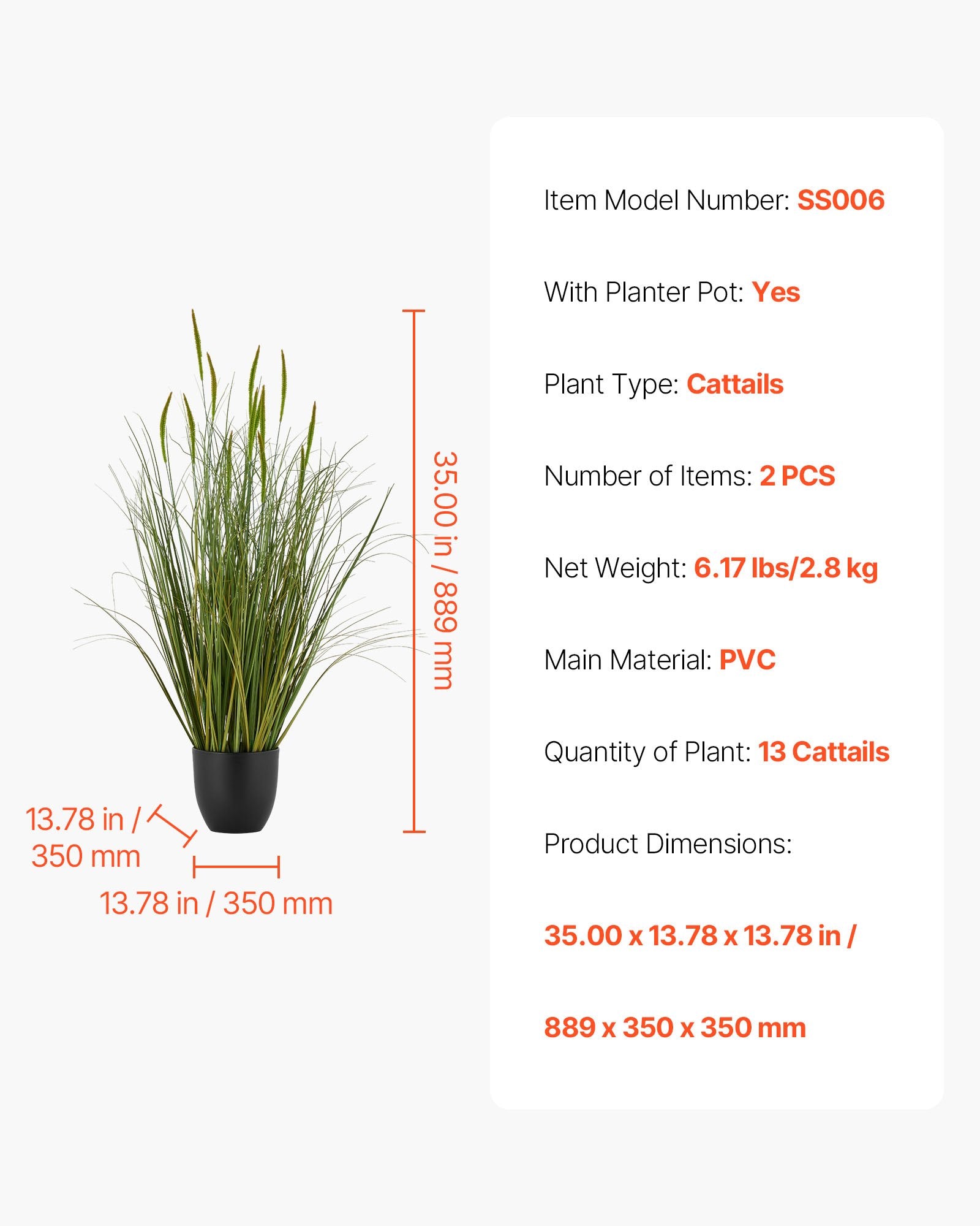 Set of 2 35-Inch Faux Cattail Grass Plants in Pots, Premium PVC Indoor Outdoor Greenery for Home, Office, Garden Decor & Housewarming Gifts
