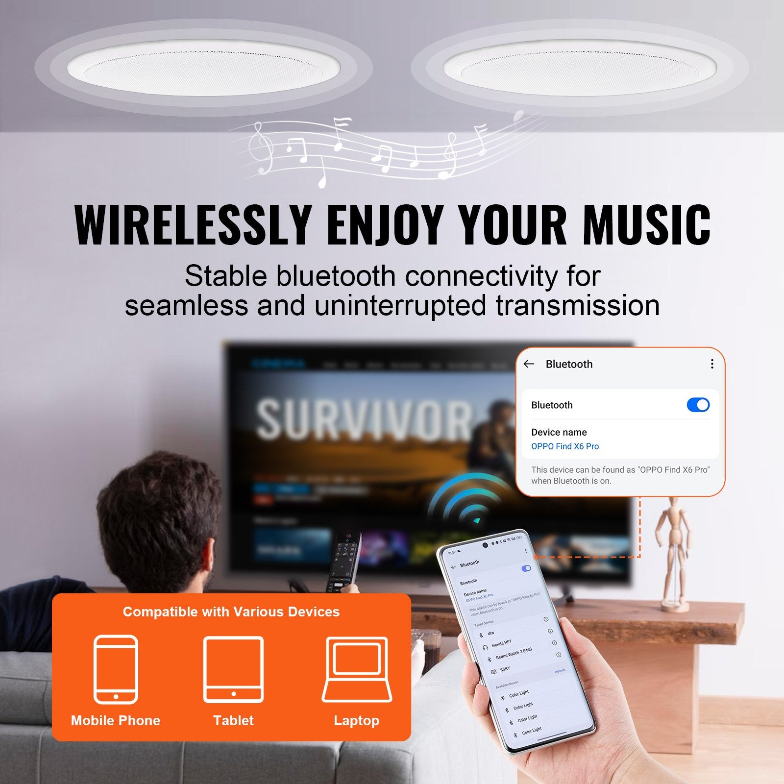 2 Pcs 6.5'' Bluetooth Ceiling Speakers, 150W, High Sensitivity 89dB, Easy Install for Home, Kitchen, Bedroom, Outdoor Porches