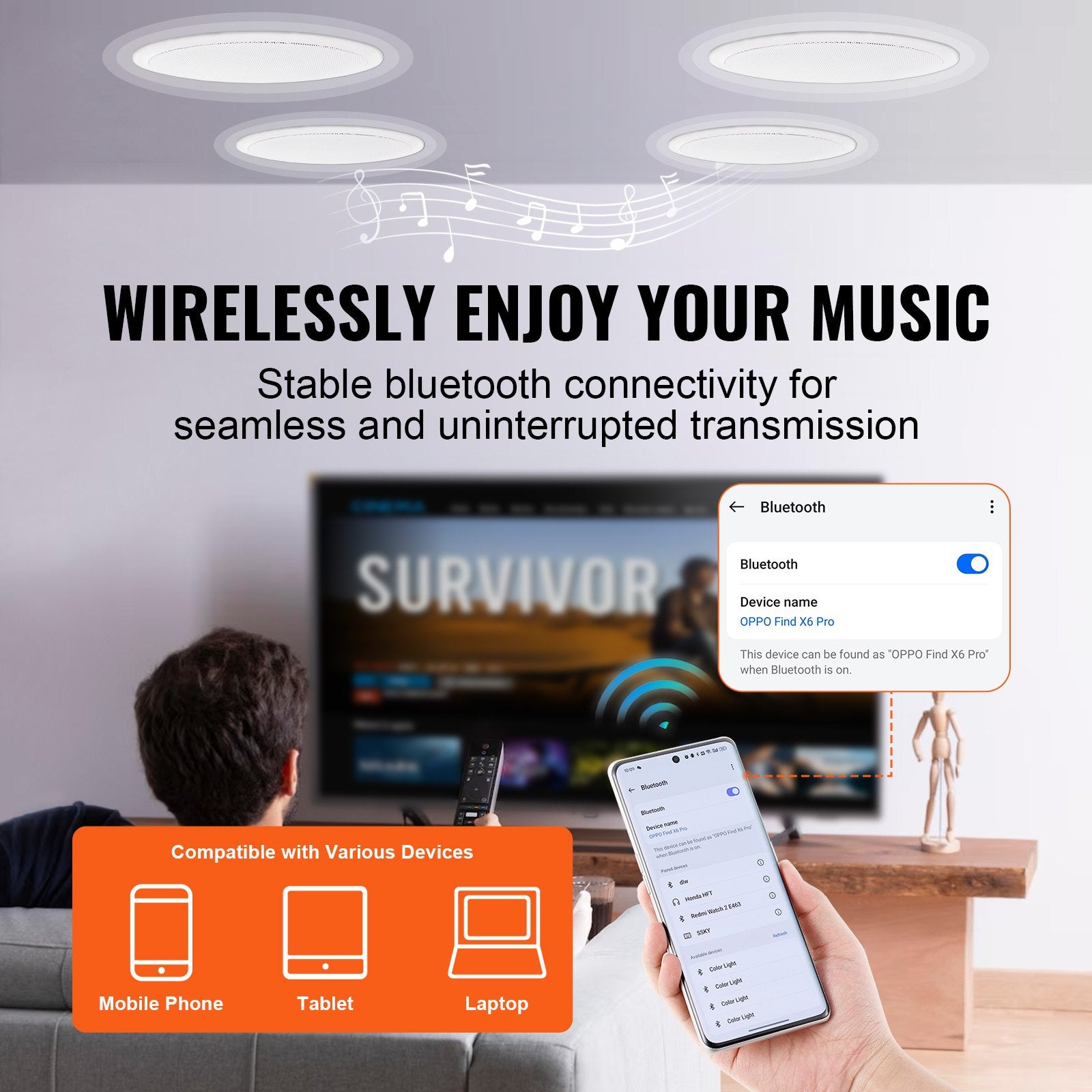 4 Pack 6.5'' Bluetooth Ceiling & Wall Speakers, 150W, 8Ω, 89dB, Ideal for Home, Kitchen, Living Room, Bedroom, Outdoor Porch Audio System
