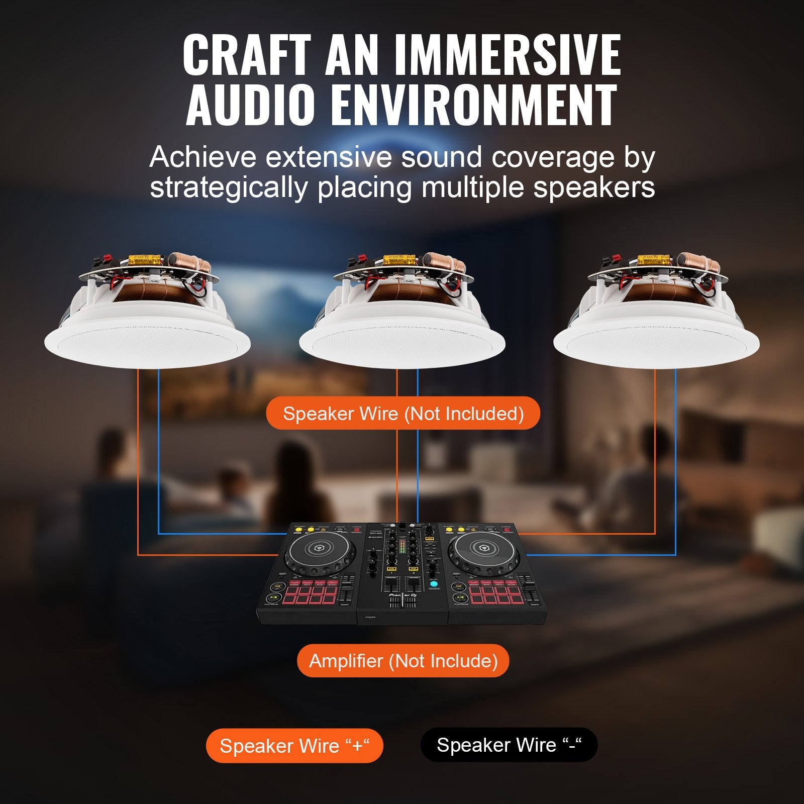 6.5-Inch 150W Flush Mount Ceiling & Wall Speaker System, 8Ω Impedance, 89dB Sensitivity for Home, Kitchen, Bedroom, Outdoor Spaces