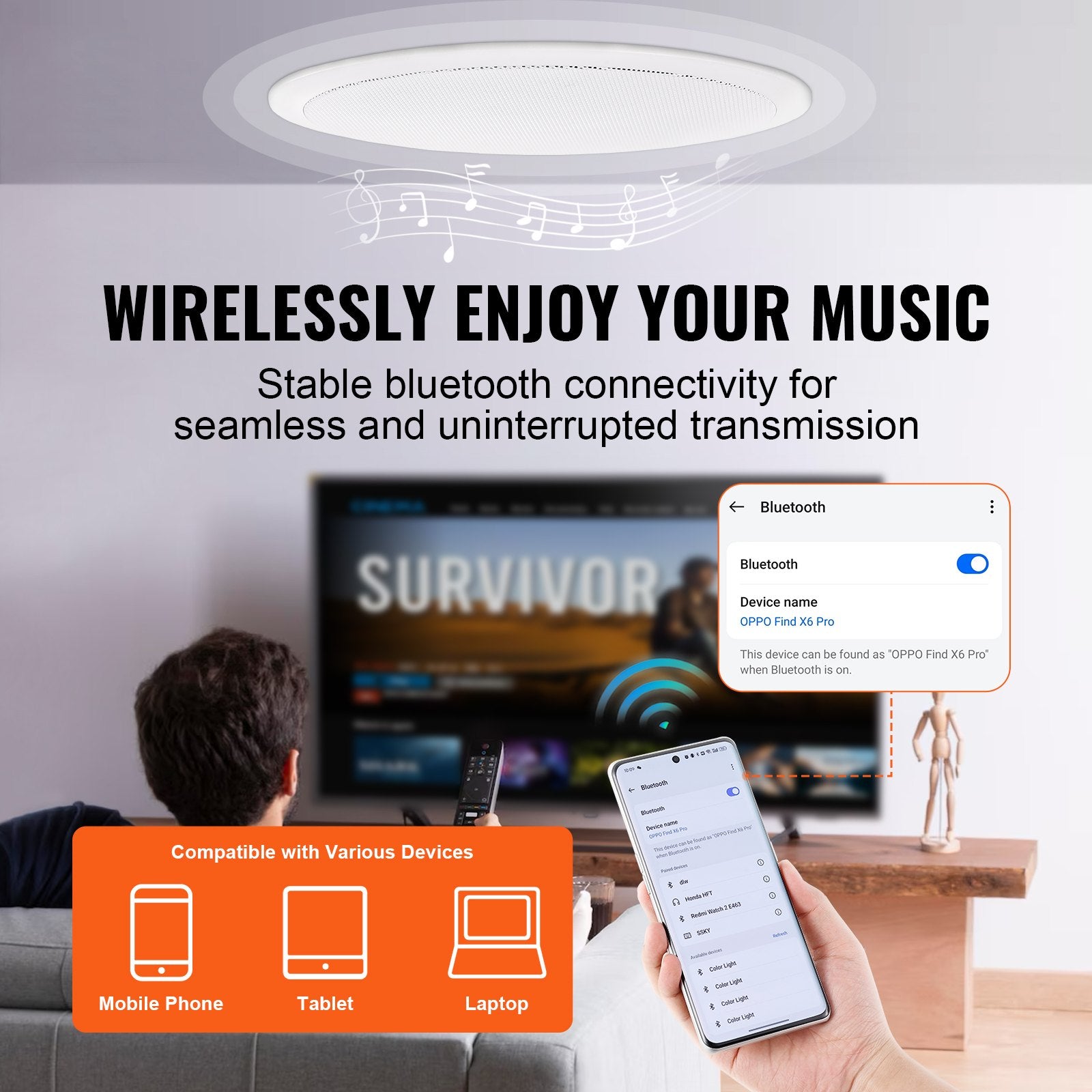 6.5'' Bluetooth Flush Mount Ceiling & In-Wall Speaker, 150W, 8Ω, 89dB Sensitivity for Home, Kitchen, Bedroom, Outdoor Porches