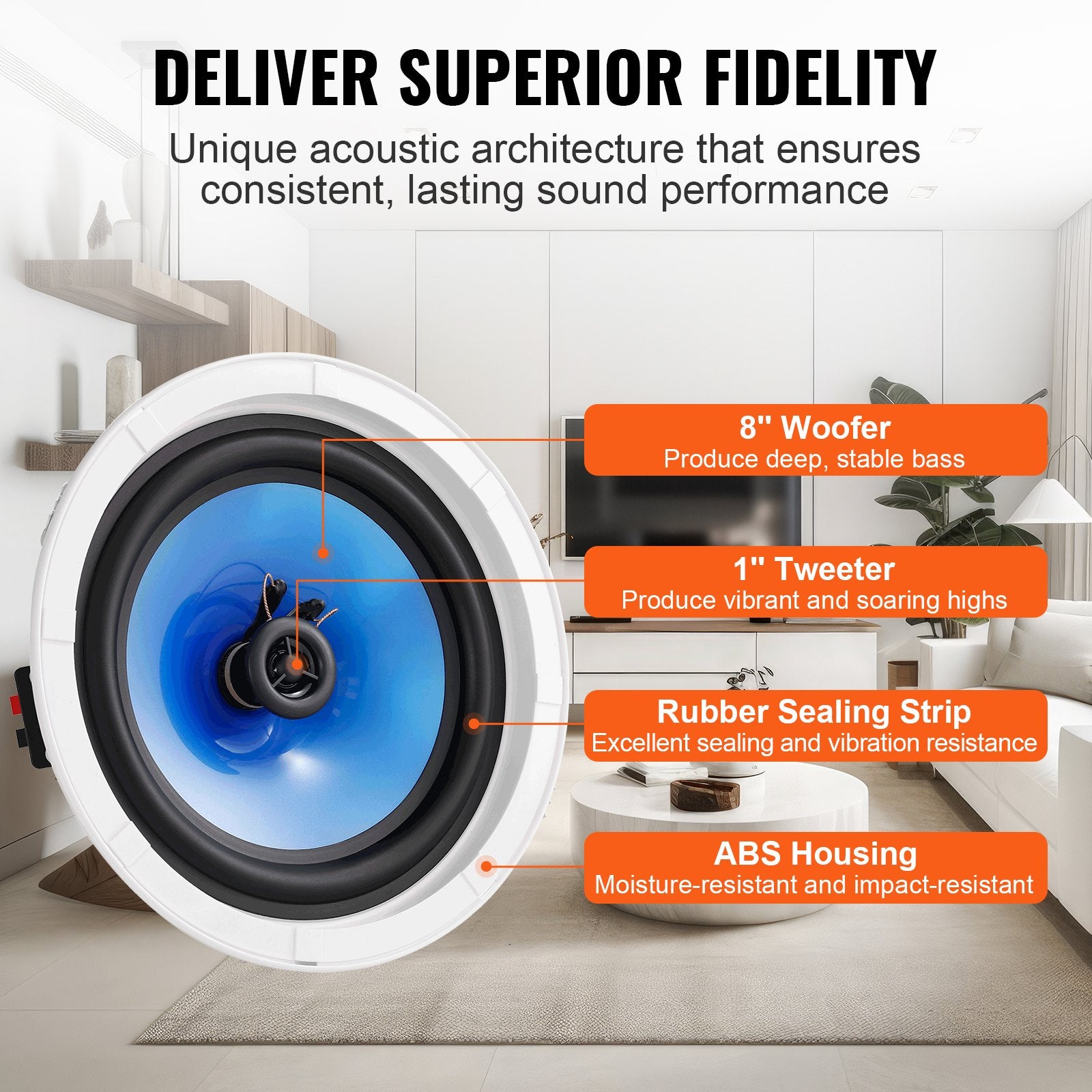 8-Inch Ceiling Speakers Pair, 50W Power, 8Ω Impedance, 89dB Sensitivity for Home, Kitchen, Living Room, Bedroom, Outdoor Use