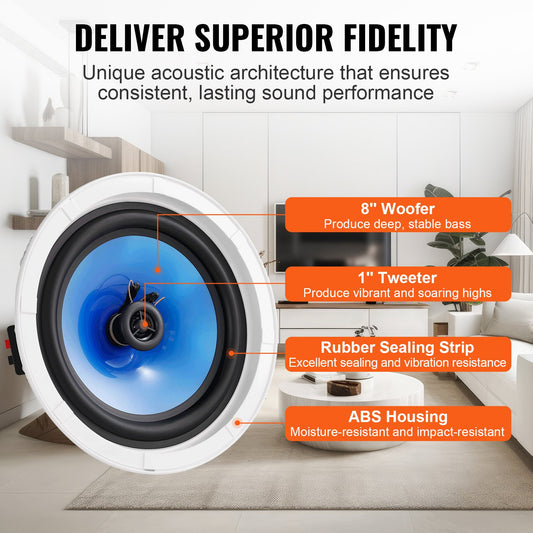 8-Inch Ceiling Speakers Pair, 50W Power, 8Ω Impedance, 89dB Sensitivity for Home, Kitchen, Living Room, Bedroom, Outdoor Use