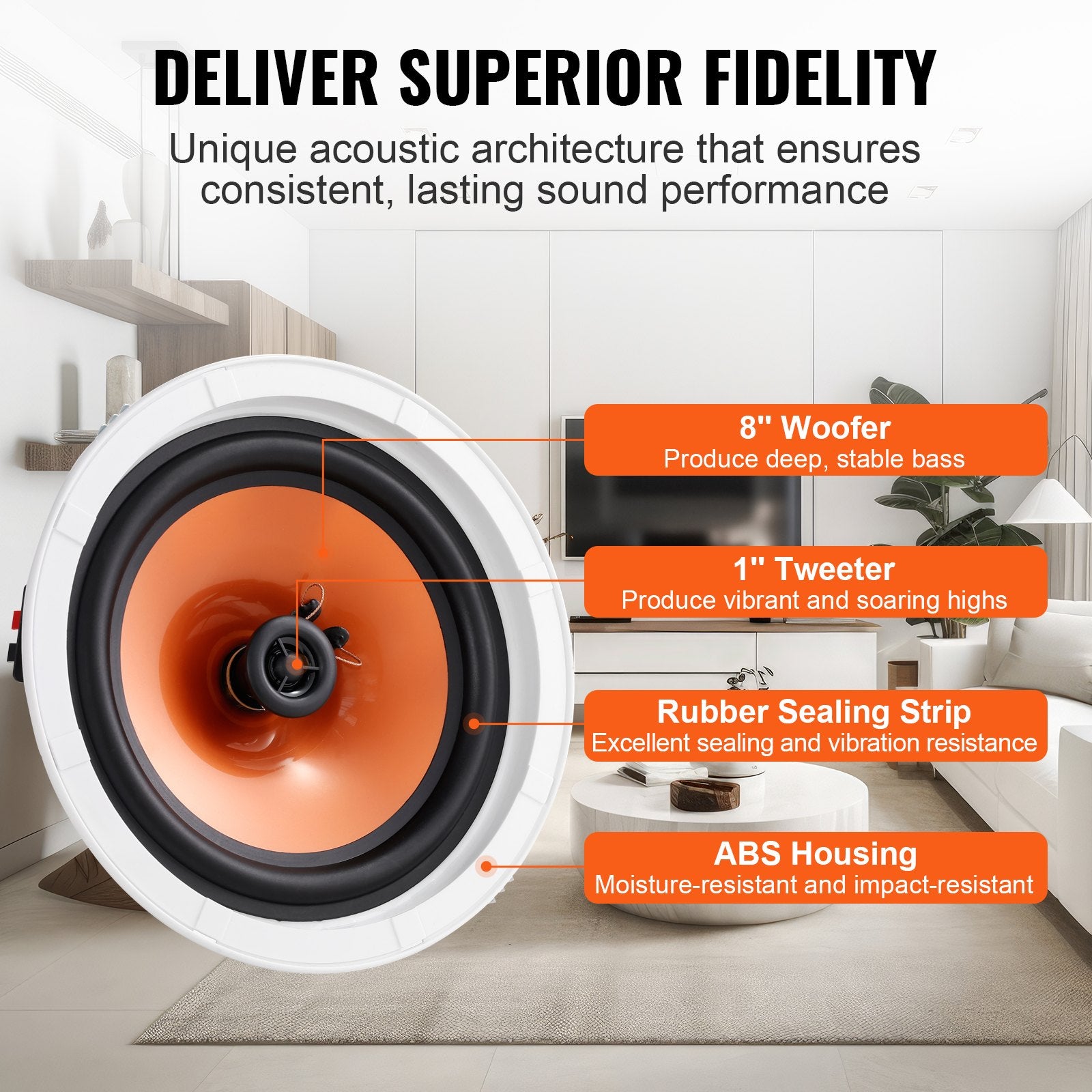 4-Pack 8-Inch 100W Flush Mount Ceiling & Wall Speakers System, 8Ω Impedance, 89dB Sensitivity for Indoor & Outdoor Use