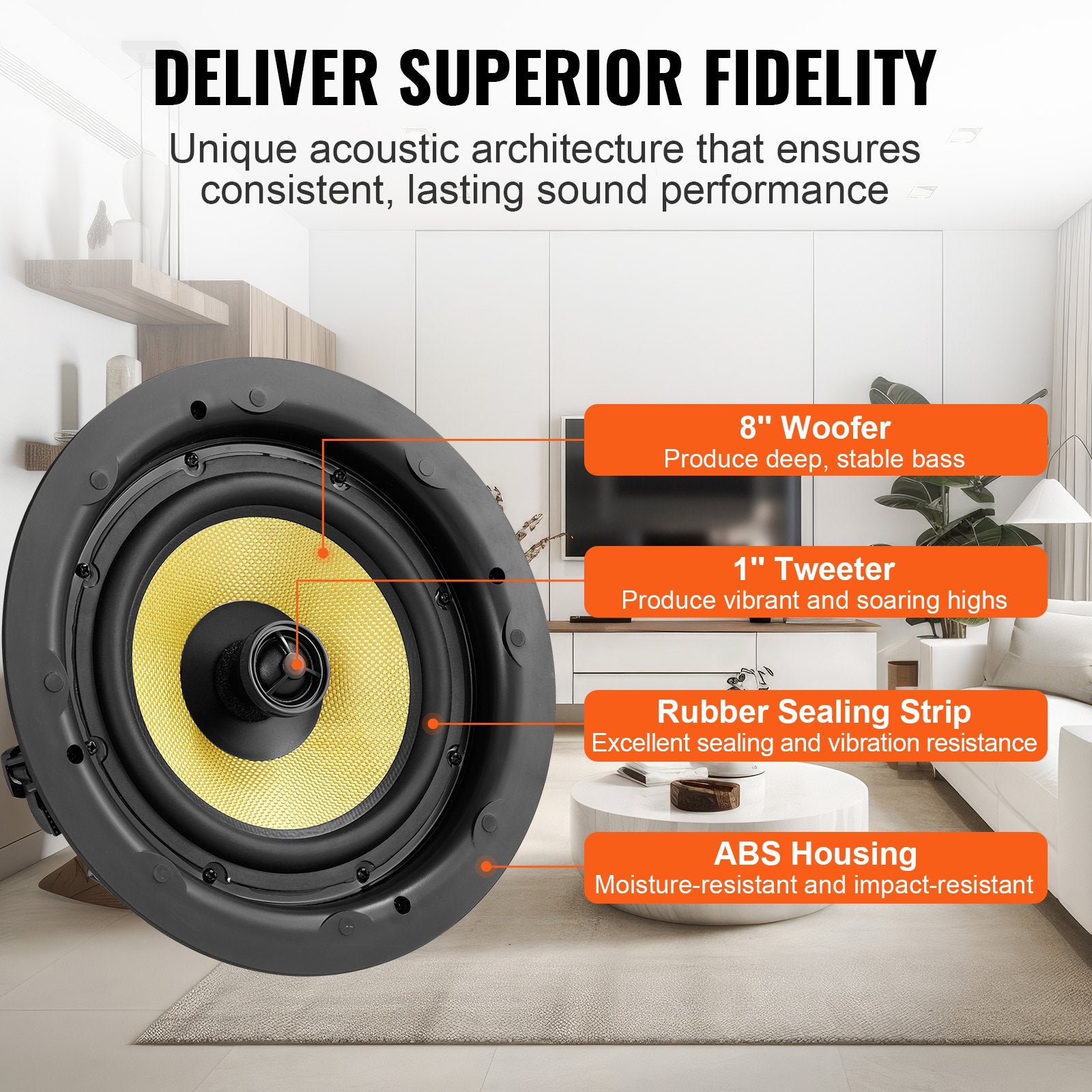 8-Inch Flush Mount Ceiling Speaker, 200W Power, 8Ω Impedance, 89dB Sensitivity, Ideal for Home, Kitchen, Bedroom, or Outdoor Porches