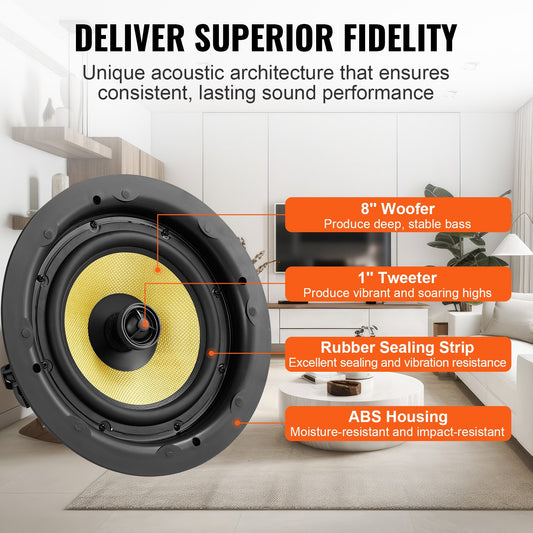 8-Inch Flush Mount Ceiling Speaker, 200W Power, 8Ω Impedance, 89dB Sensitivity, Ideal for Home, Kitchen, Bedroom, or Outdoor Porches
