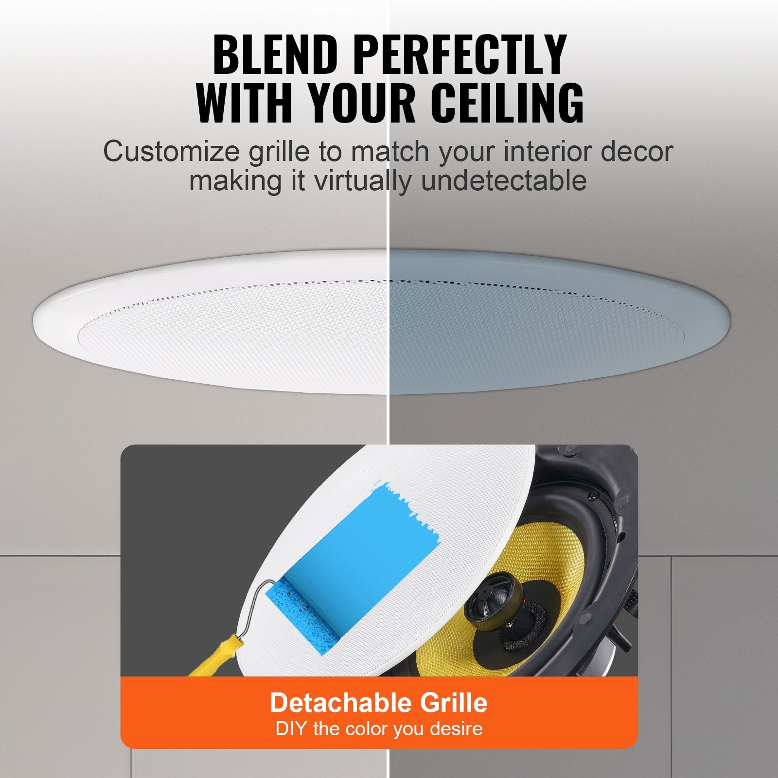 8-Inch Flush Mount Ceiling Speaker, 200W Power, 8Ω Impedance, 89dB Sensitivity, Ideal for Home, Kitchen, Bedroom, or Outdoor Porches