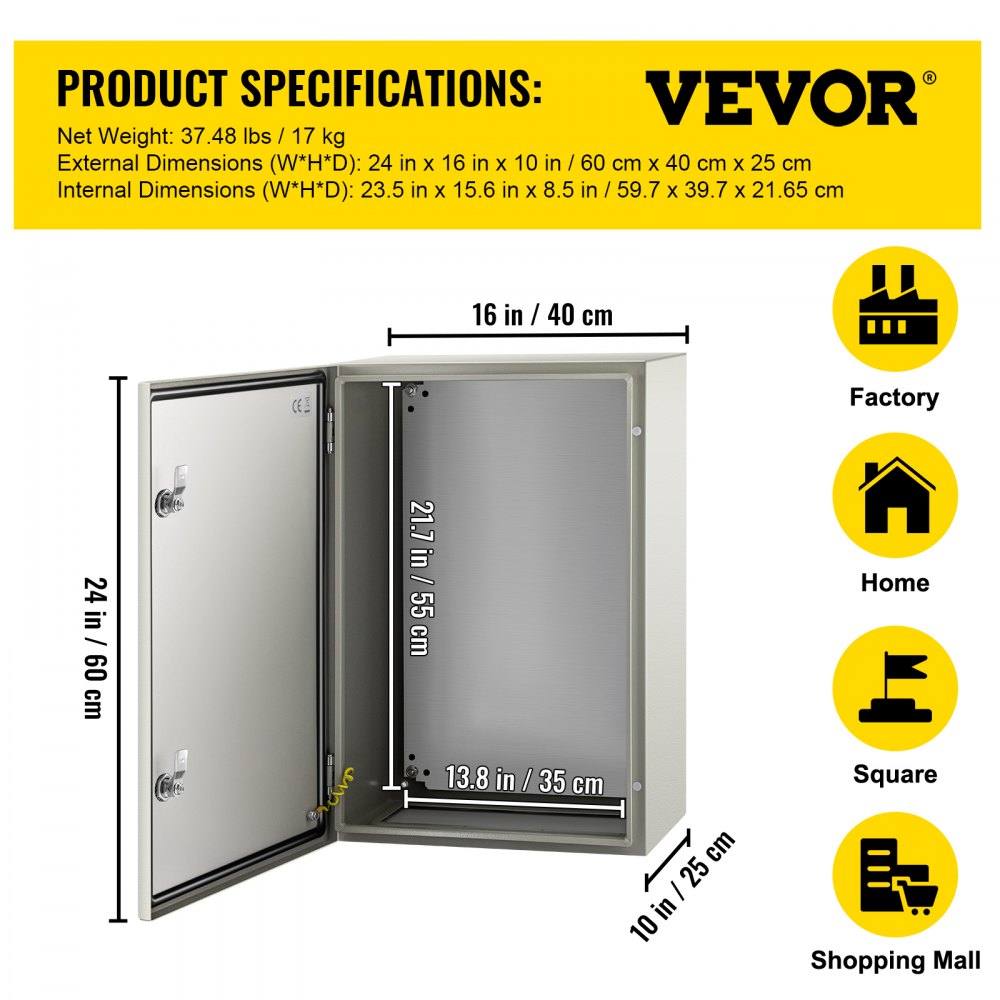 VEVOR Steel Electrical Box 24'' x 16'' x 10'' Electrical Enclosure Box, Carbon Steel Hinged Junction Box, IP65 Weatherproof Metal Box Wall-Mounted Electronic Equipment Enclosure Box with Mounting Plat