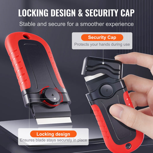 Heavy-Duty Razor Blade Scraper Tool with 15 Extra Carbon Steel Blades, Secure Locking Cap for Glass, Stovetop, Oven, Label and Paint Removal