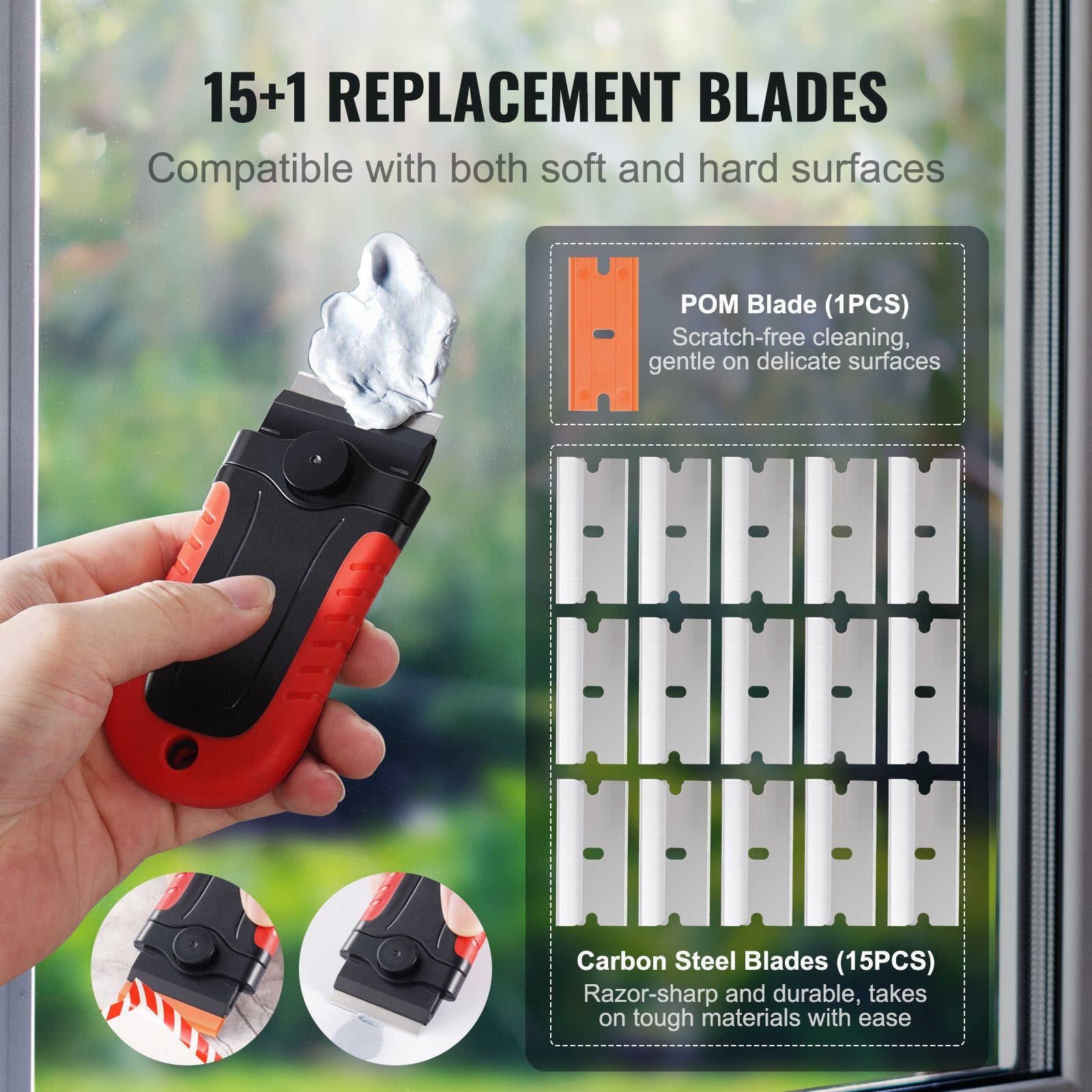 Heavy-Duty Razor Blade Scraper Tool with 15 Extra Carbon Steel Blades, Secure Locking Cap for Glass, Stovetop, Oven, Label and Paint Removal