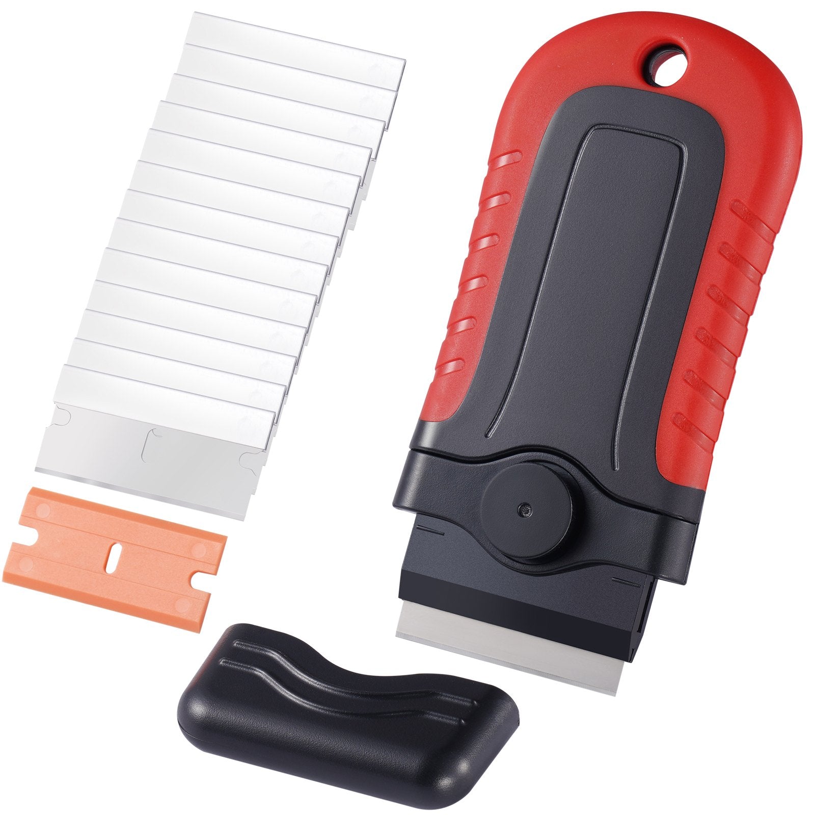 Heavy-Duty Razor Blade Scraper Tool with 15 Extra Carbon Steel Blades, Secure Locking Cap for Glass, Stovetop, Oven, Label and Paint Removal
