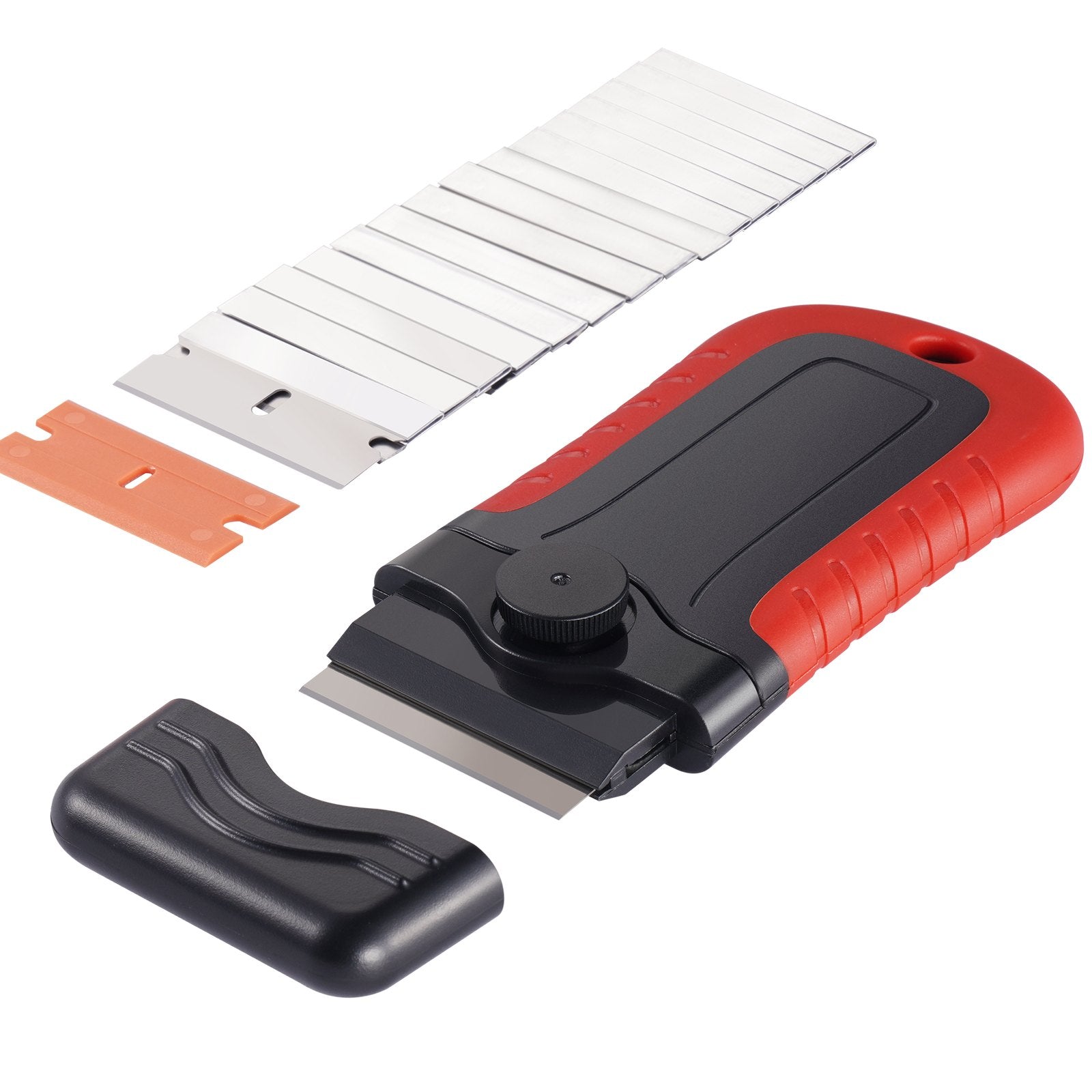 Heavy-Duty Razor Blade Scraper Tool with 15 Extra Carbon Steel Blades, Secure Locking Cap for Glass, Stovetop, Oven, Label and Paint Removal