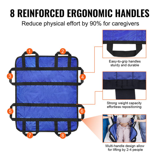Reinforced Positioning Bed Pad with 8 Handles - 48"x40" Transfer Sheet for Elderly, Bedridden, 400lbs Capacity, Easy Clean, Durable Aid