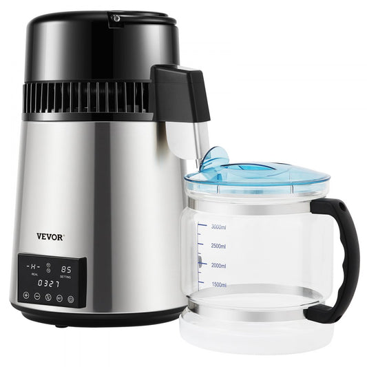 VEVOR Water Distiller, 1 L/H, 4L Distilled Water Maker w/ 0-99 H Timing, 750W Countertop Water Purifier w/ Dual Temp Display, Glass Carafe Cleaning Powder 3 Carbon Packs Equipped, FDA Approved, Silver