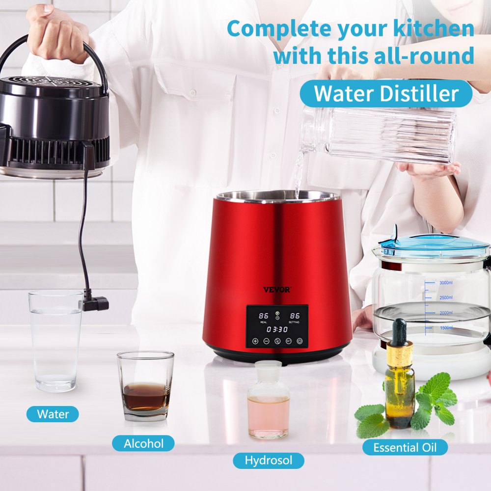VEVOR Water Distiller, 1 L/H, 4L Distilled Water Maker w/ 0-99 H Timing, 750W Countertop Water Purifier w/Dual Temp Display, Glass Carafe Cleaning Powder 3 Carbon Packs Equipped, Red