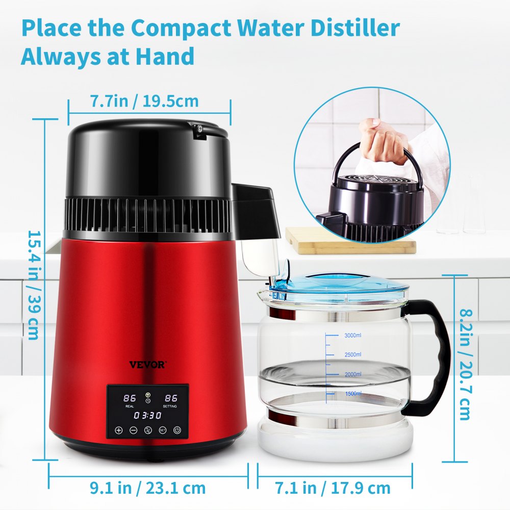 VEVOR Water Distiller, 1 L/H, 4L Distilled Water Maker w/ 0-99 H Timing, 750W Countertop Water Purifier w/Dual Temp Display, Glass Carafe Cleaning Powder 3 Carbon Packs Equipped, Red