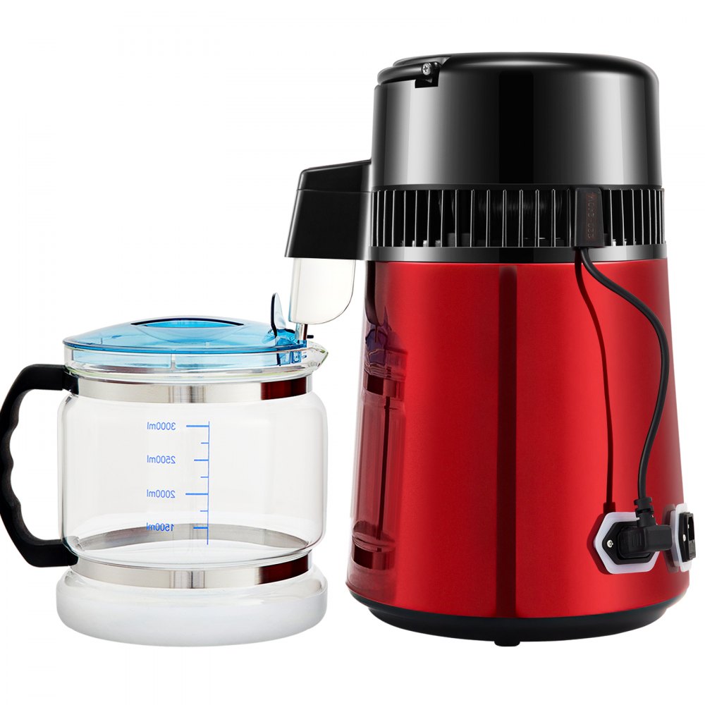 VEVOR Water Distiller, 1 L/H, 4L Distilled Water Maker w/ 0-99 H Timing, 750W Countertop Water Purifier w/Dual Temp Display, Glass Carafe Cleaning Powder 3 Carbon Packs Equipped, Red