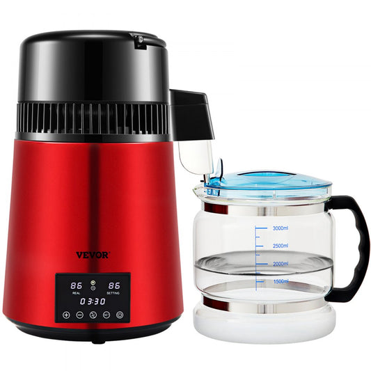 VEVOR Water Distiller, 1 L/H, 4L Distilled Water Maker w/ 0-99 H Timing, 750W Countertop Water Purifier w/Dual Temp Display, Glass Carafe Cleaning Powder 3 Carbon Packs Equipped, Red