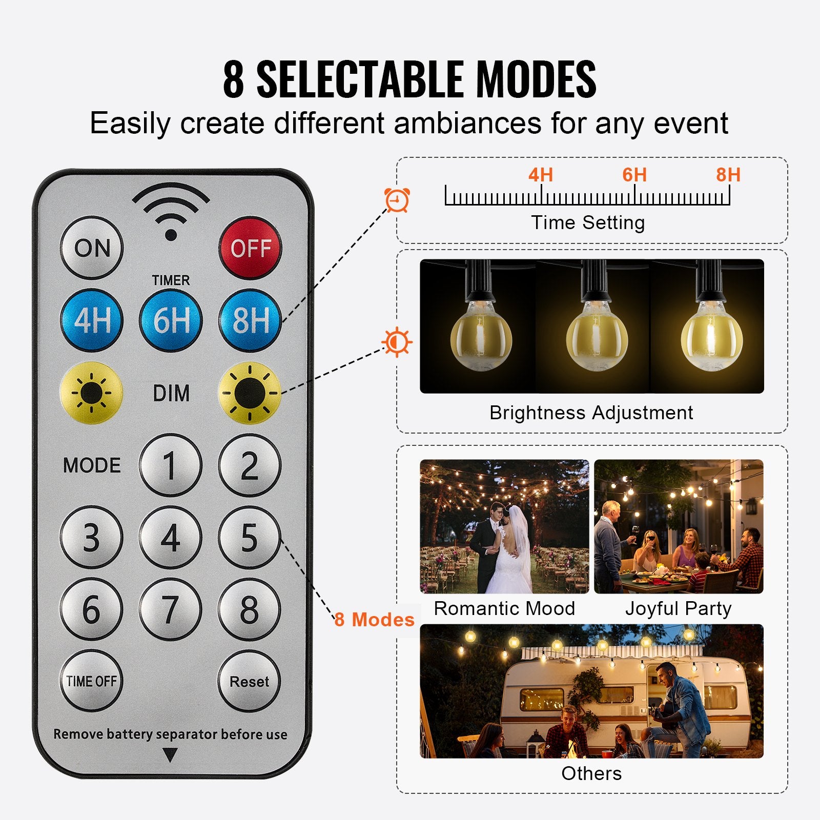 100FT Dimmable Solar Outdoor String Lights, 50 LED G40 Bulbs, Remote-Controlled, Waterproof, Warm 2700K for Backyard, Garden, Bistro, Porch Decor