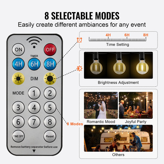 100FT Dimmable Solar Outdoor String Lights, 50 LED G40 Bulbs, Remote-Controlled, Waterproof, Warm 2700K for Backyard, Garden, Bistro, Porch Decor