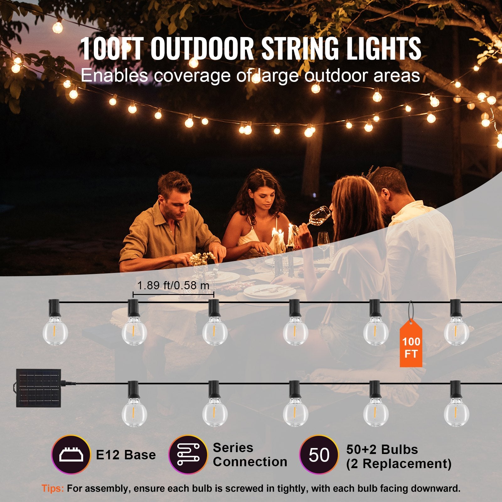 100FT Dimmable Solar Outdoor String Lights, 50 LED G40 Bulbs, Remote-Controlled, Waterproof, Warm 2700K for Backyard, Garden, Bistro, Porch Decor
