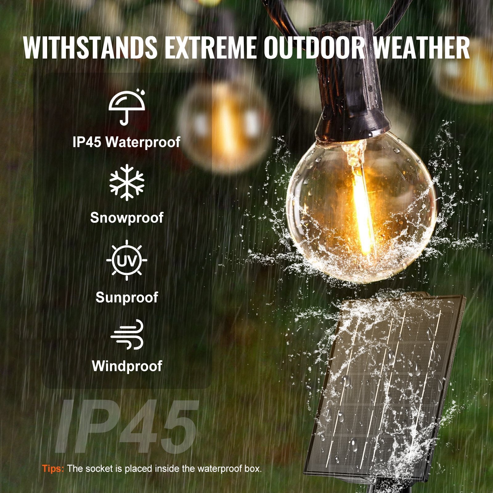100FT Dimmable Solar Outdoor String Lights, 50 LED G40 Bulbs, Remote-Controlled, Waterproof, Warm 2700K for Backyard, Garden, Bistro, Porch Decor