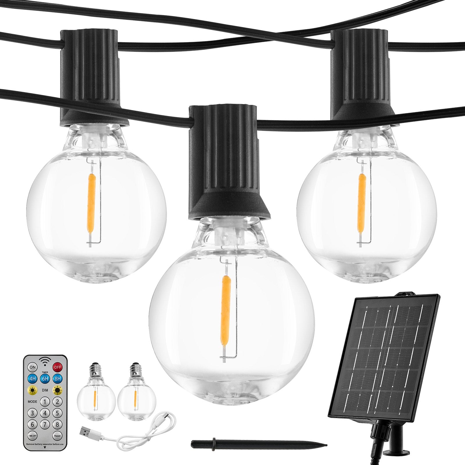 100FT Dimmable Solar Outdoor String Lights, 50 LED G40 Bulbs, Remote-Controlled, Waterproof, Warm 2700K for Backyard, Garden, Bistro, Porch Decor