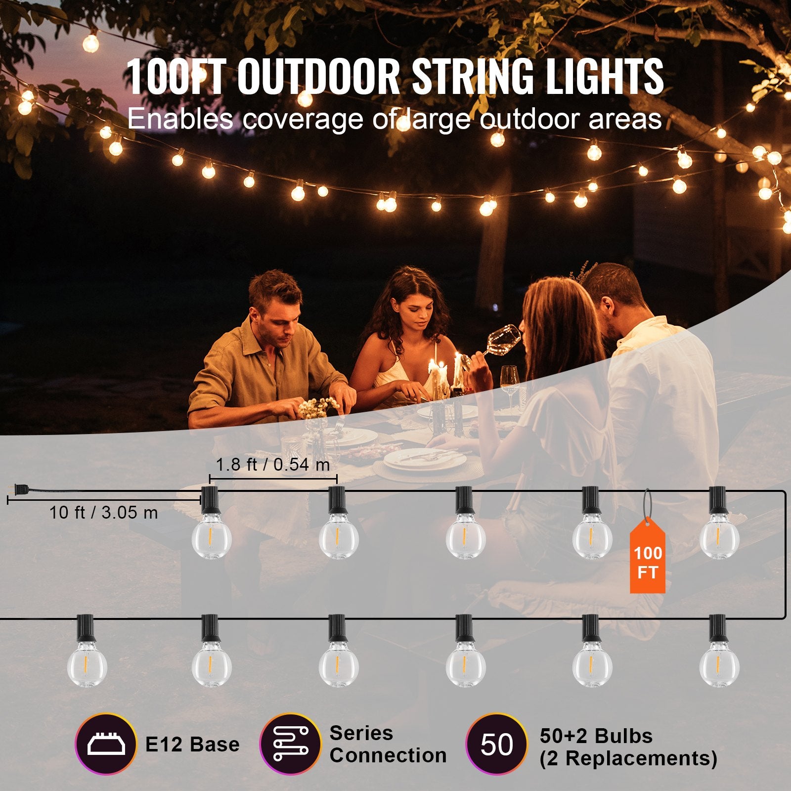 100FT LED Outdoor String Lights - 2700K Warm Dimmable G40 Shatterproof Bulbs, Waterproof Patio, Porch, Garden, Balcony, Party Decor Lighting
