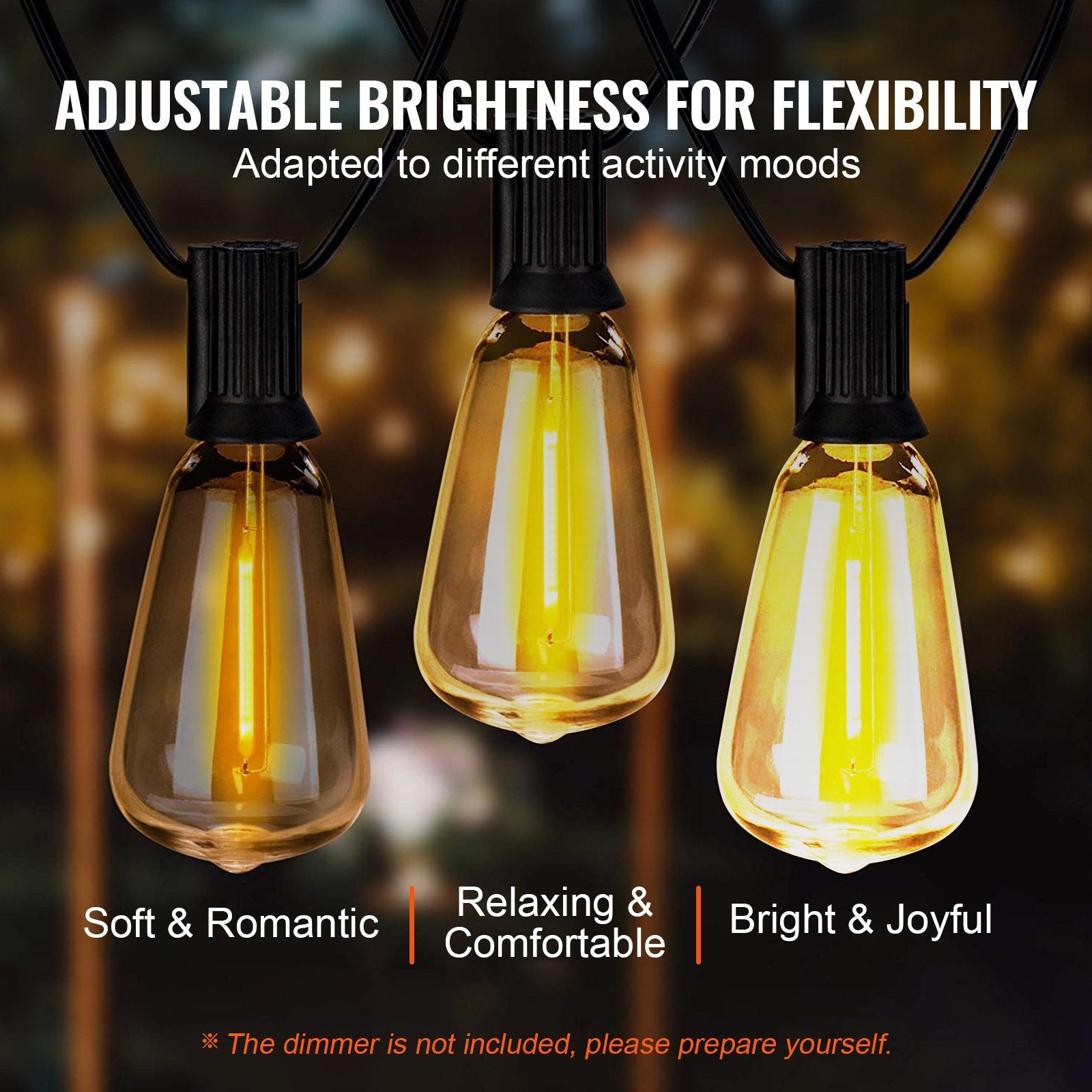 200FT LED Outdoor String Lights - 2700K Dimmable, 100 Shatterproof ST38 Bulbs, E12 Base, Waterproof for Patio, Garden, Balcony, Party Decor