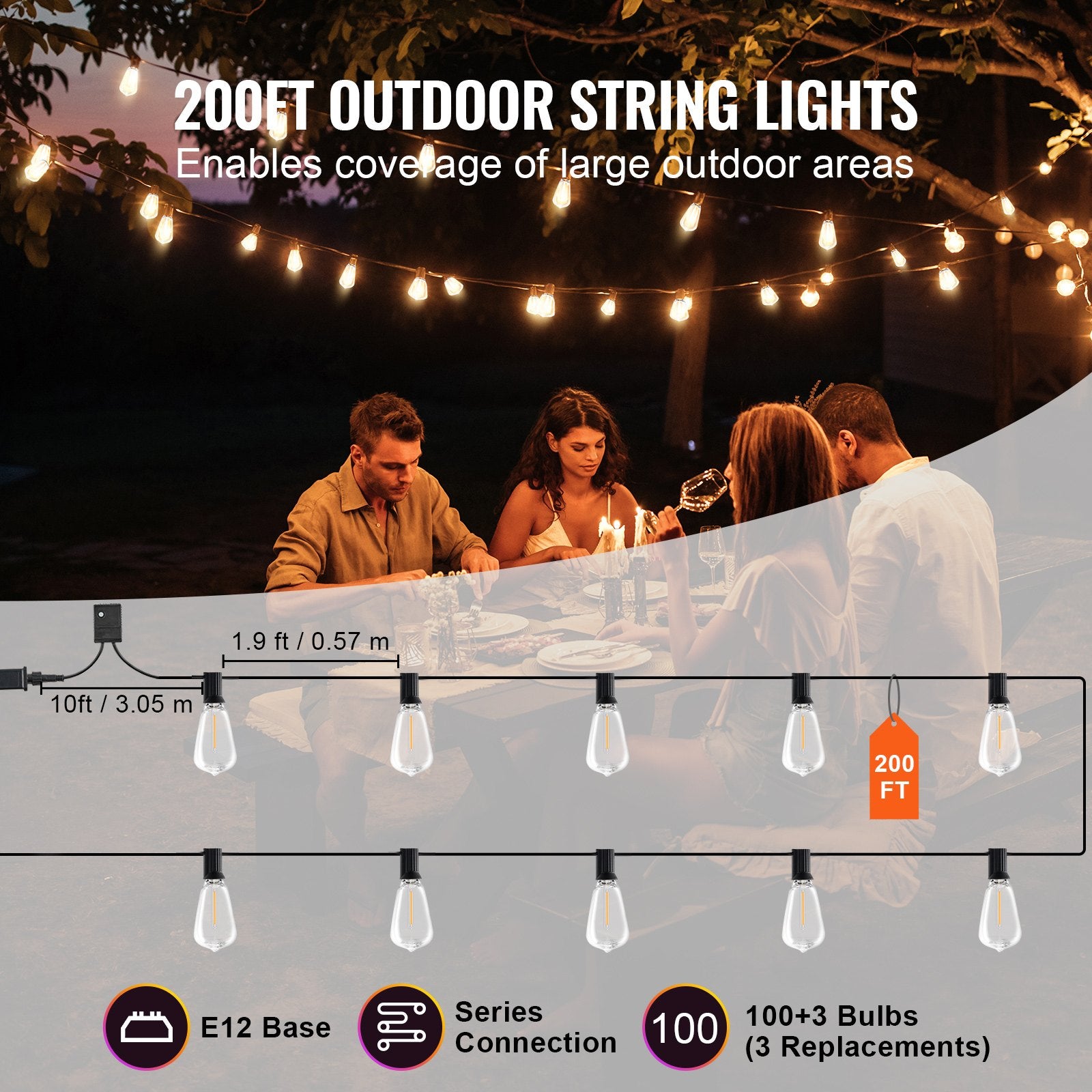 200FT LED Outdoor String Lights - 2700K Dimmable, 100 Shatterproof ST38 Bulbs, E12 Base, Waterproof for Patio, Garden, Balcony, Party Decor