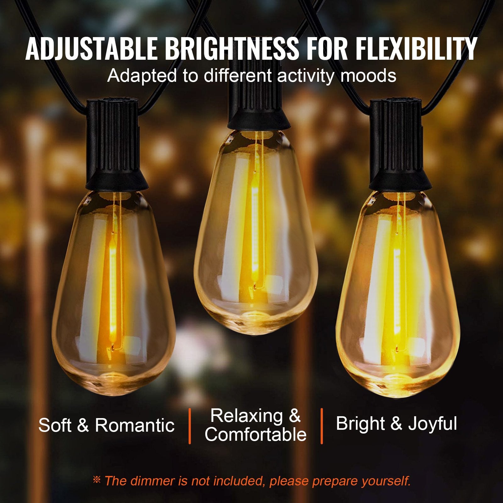 50FT LED Outdoor String Lights, 2700K Dimmable Patio Decor, Waterproof S14 Shatterproof Bulbs, E12 Base for Porch, Backyard, Garden, Deck, Balcony Party Lighting