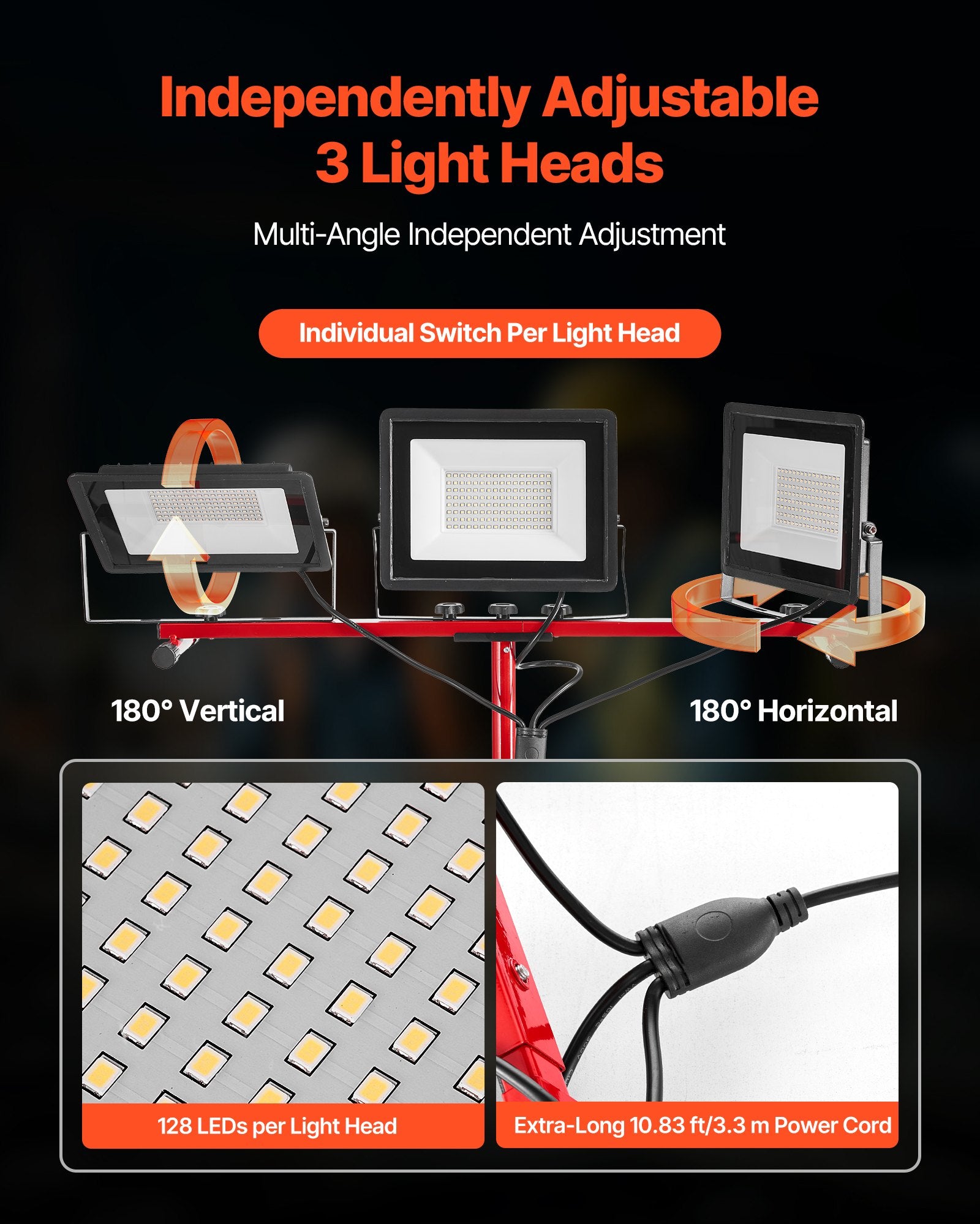 High-Intensity LED Work Light with Tripod Stand - 21,000 Lumens, Waterproof, Adjustable Heads, 10.83 ft Cord for Indoor/Outdoor Construction & Camping
