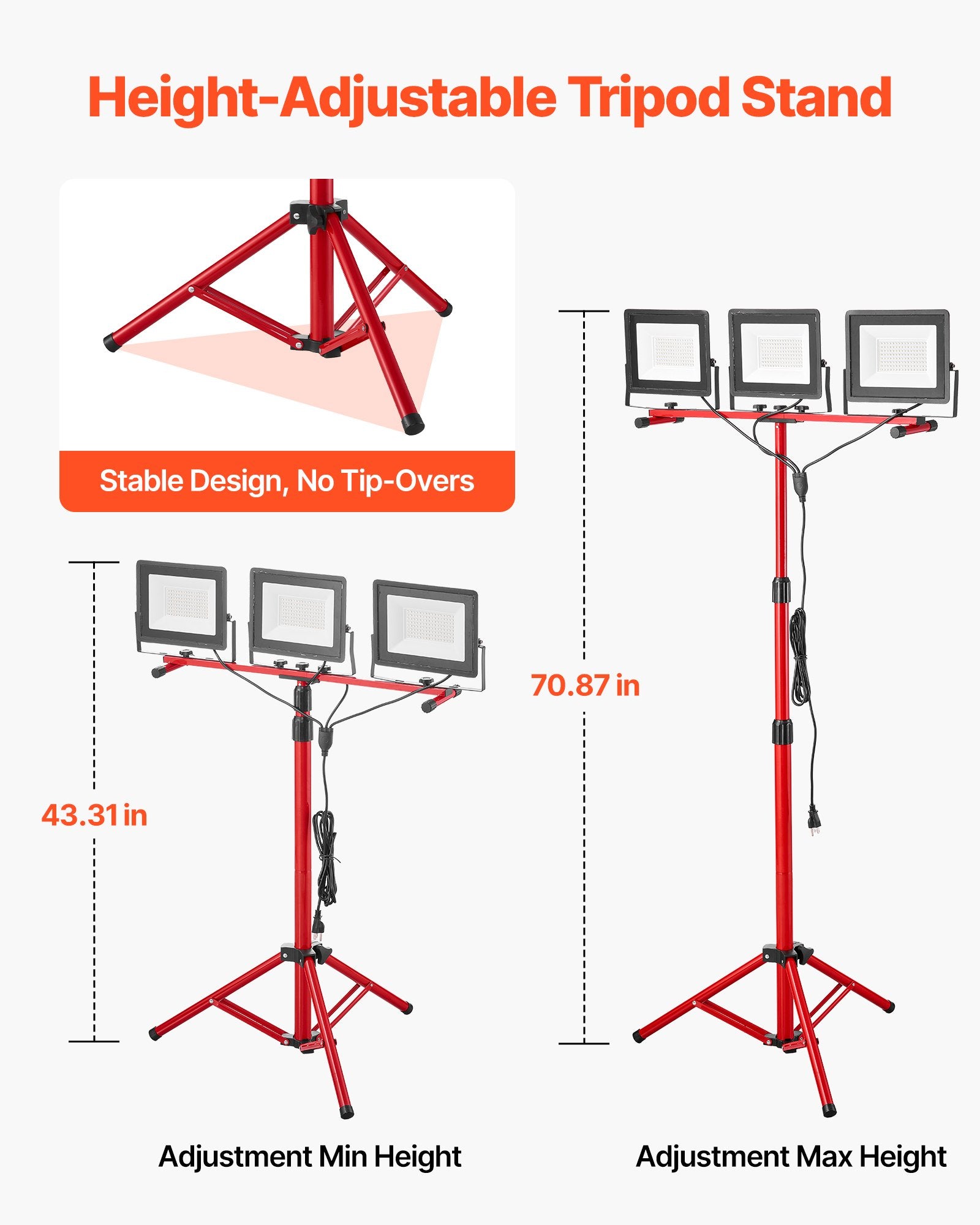 High-Intensity LED Work Light with Tripod Stand - 21,000 Lumens, Waterproof, Adjustable Heads, 10.83 ft Cord for Indoor/Outdoor Construction & Camping