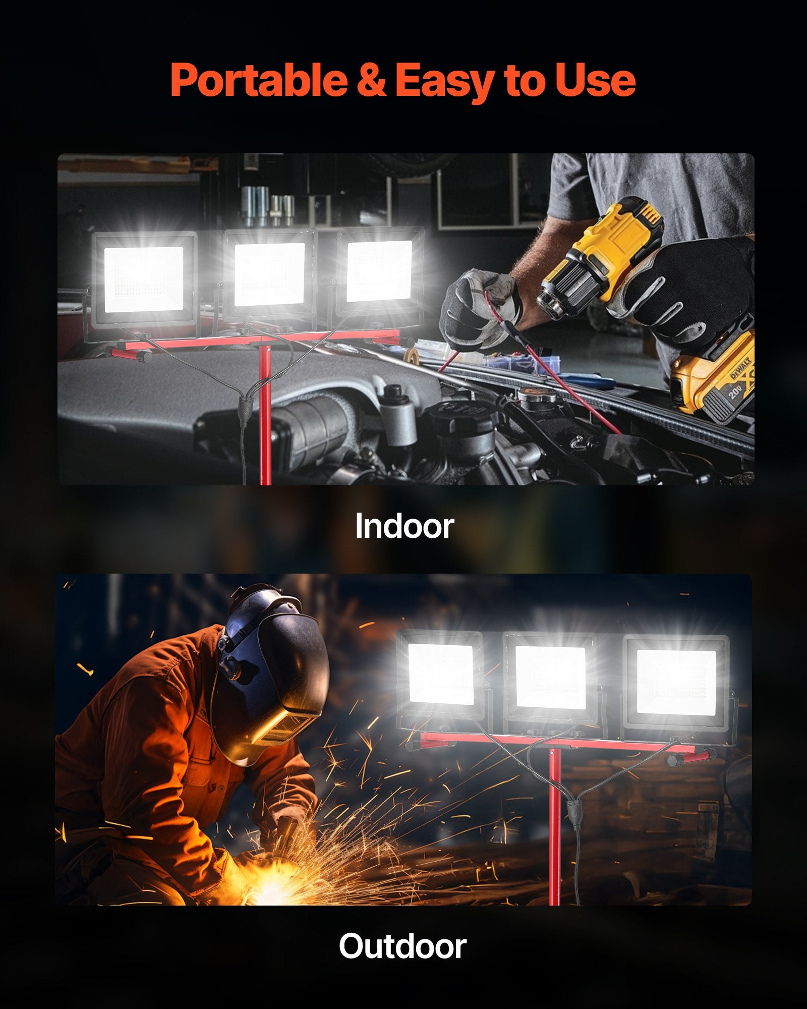High-Intensity LED Work Light with Tripod Stand - 21,000 Lumens, Waterproof, Adjustable Heads, 10.83 ft Cord for Indoor/Outdoor Construction & Camping