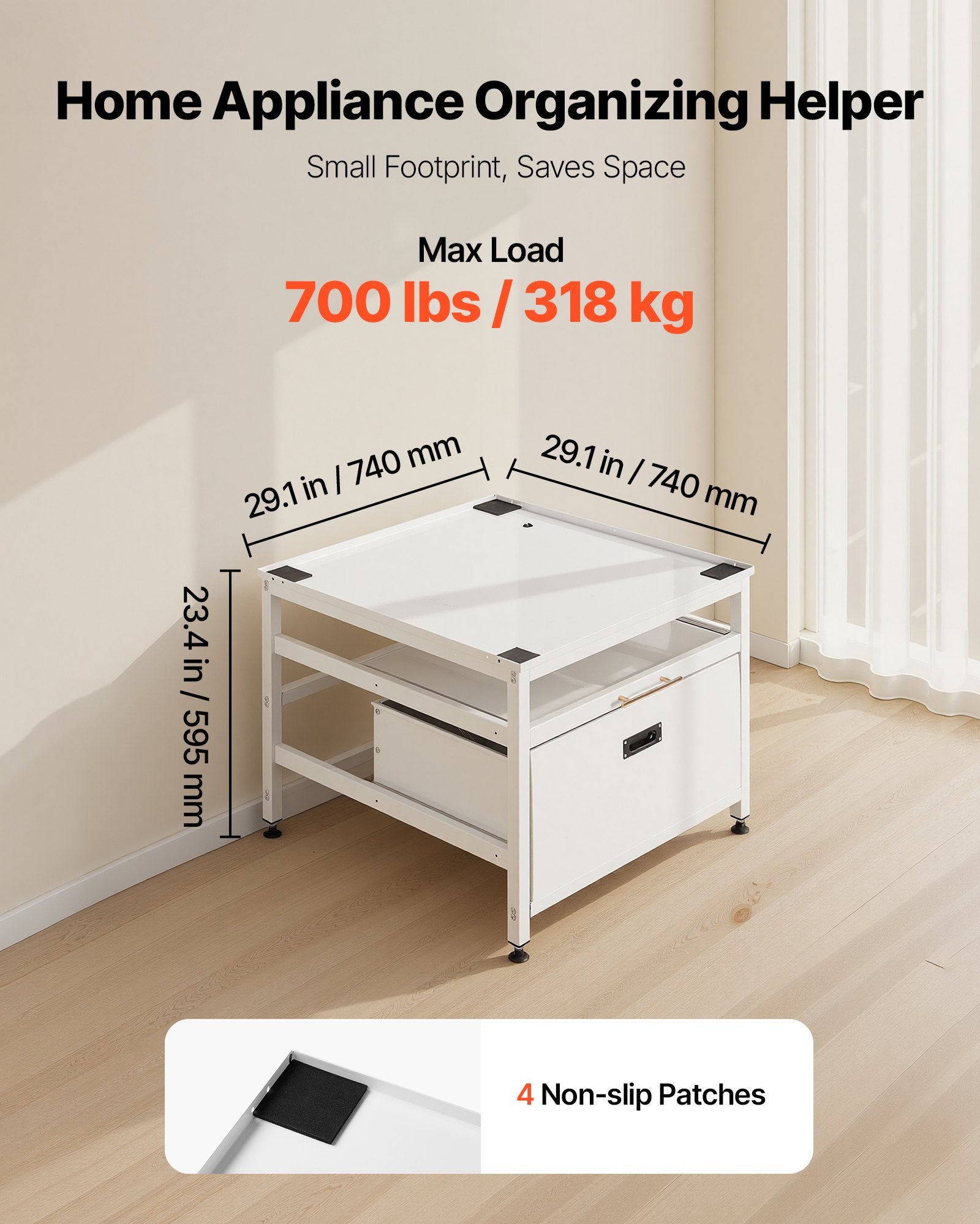 Universal White Laundry Pedestal: 23" Height, 29"x29" Washer Dryer Stand with Pull-out Tray, 700 lbs Capacity, Non-Slip Feet, Storage Space