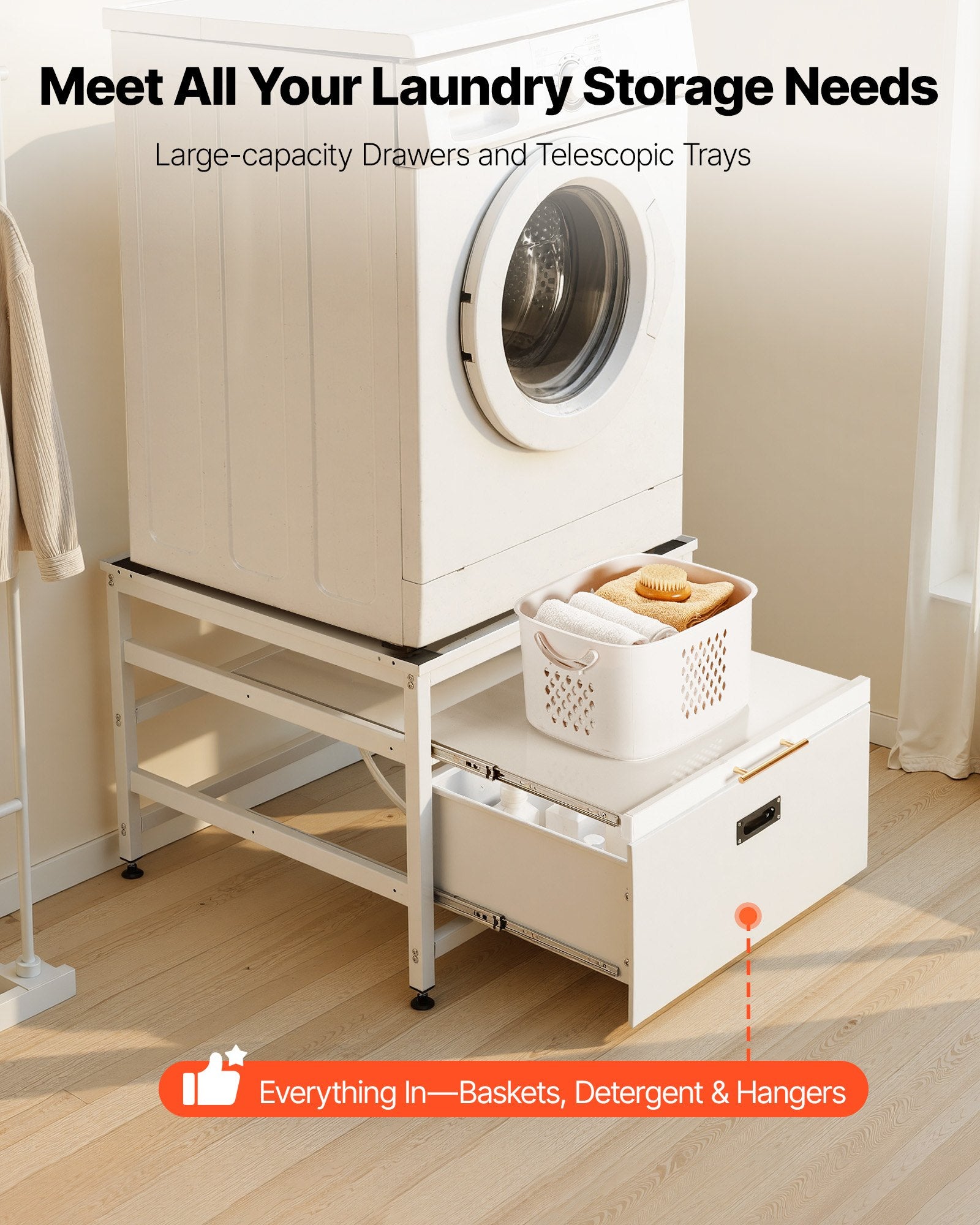 Universal White Laundry Pedestal: 23" Height, 29"x29" Washer Dryer Stand with Pull-out Tray, 700 lbs Capacity, Non-Slip Feet, Storage Space