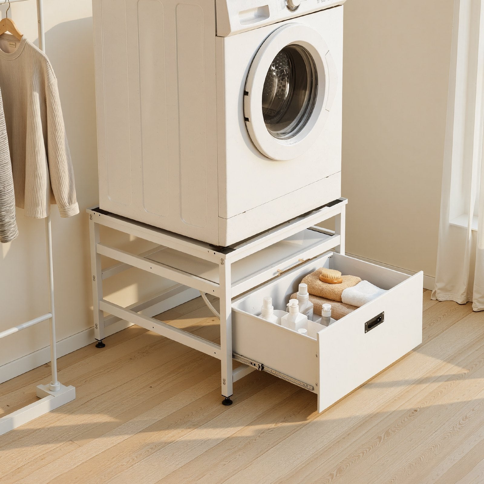 Universal White Laundry Pedestal: 23" Height, 29"x29" Washer Dryer Stand with Pull-out Tray, 700 lbs Capacity, Non-Slip Feet, Storage Space