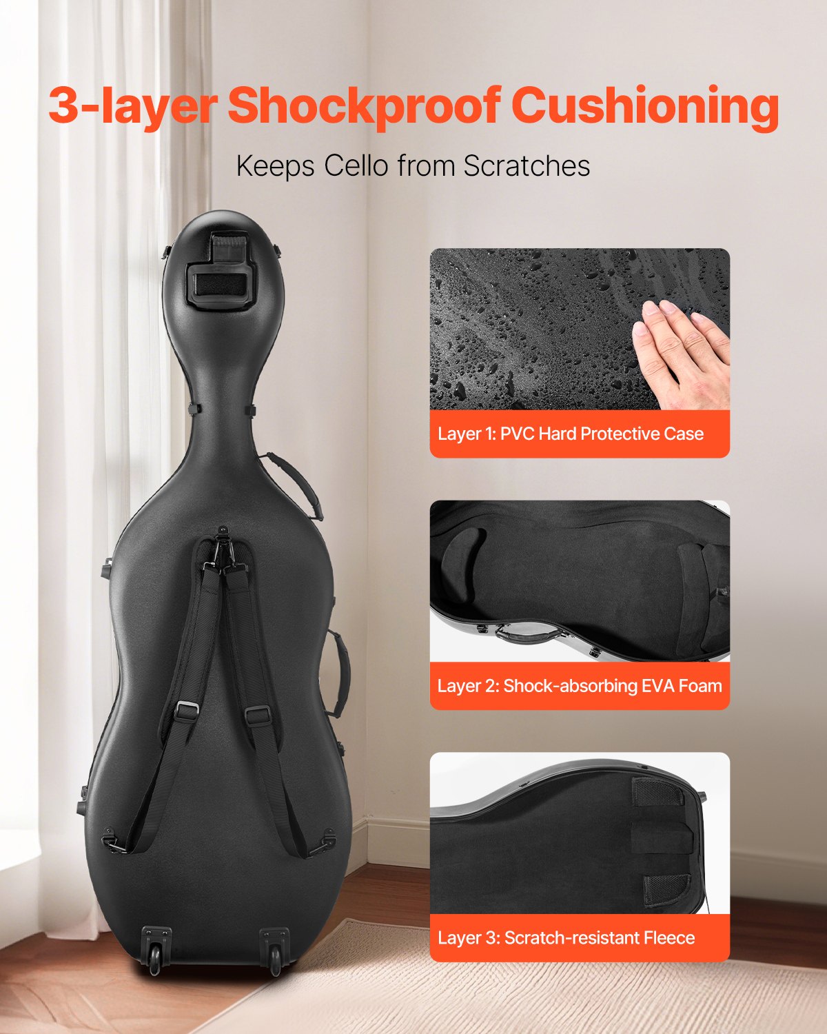 Lightweight 4/4 Full Size Cello Case, Black Composite Carbon Fiber, Plush Lining, Dual Straps, Anti-Scratch, Professional Travel Bag