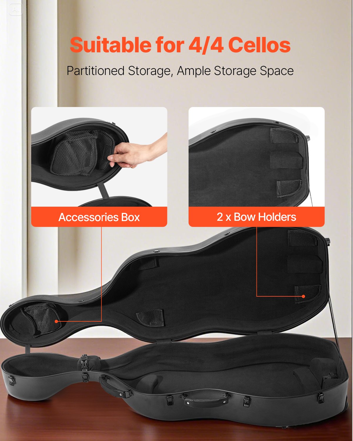 Lightweight 4/4 Full Size Cello Case, Black Composite Carbon Fiber, Plush Lining, Dual Straps, Anti-Scratch, Professional Travel Bag