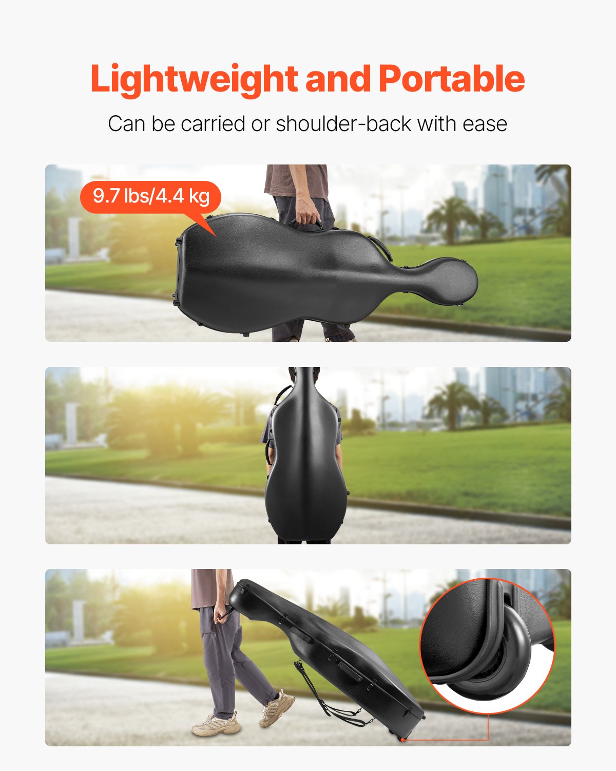 Lightweight 4/4 Full Size Cello Case, Black Composite Carbon Fiber, Plush Lining, Dual Straps, Anti-Scratch, Professional Travel Bag